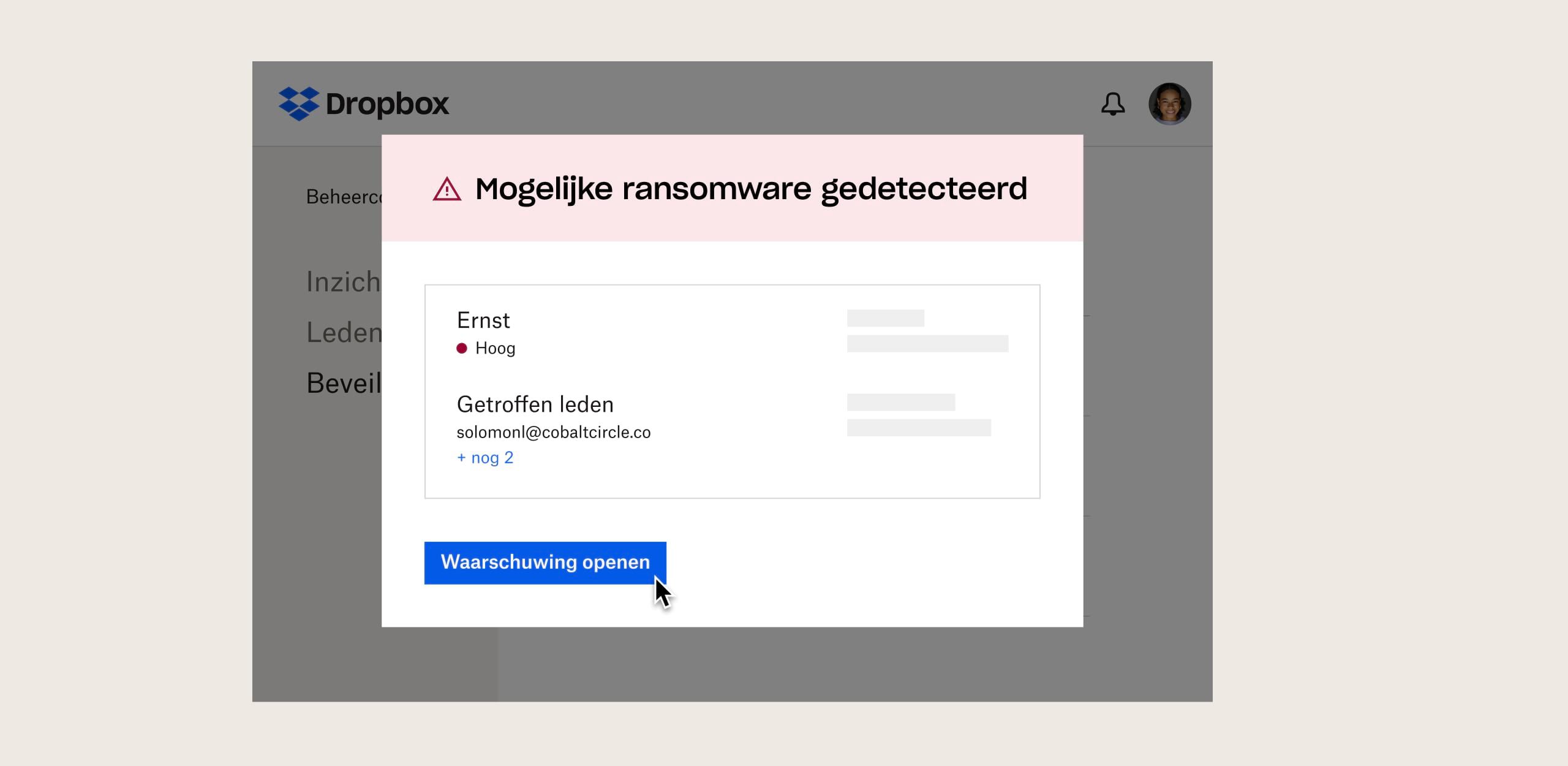 Een gebruiker bekijkt een mogelijke ransomwarebeveiligingsmelding in Dropbox