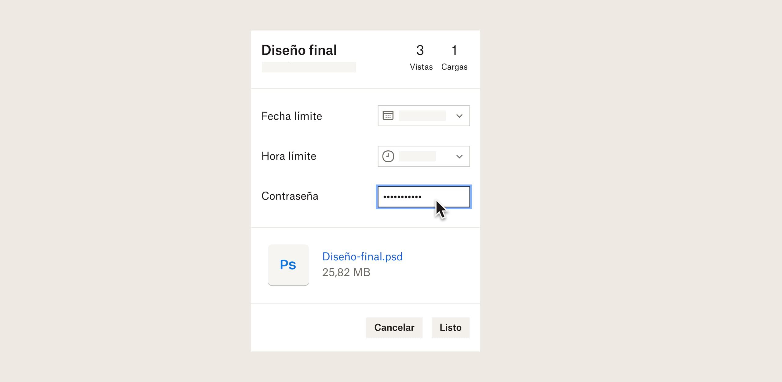 Un usuario establece una contraseña para un archivo que se envía con Dropbox