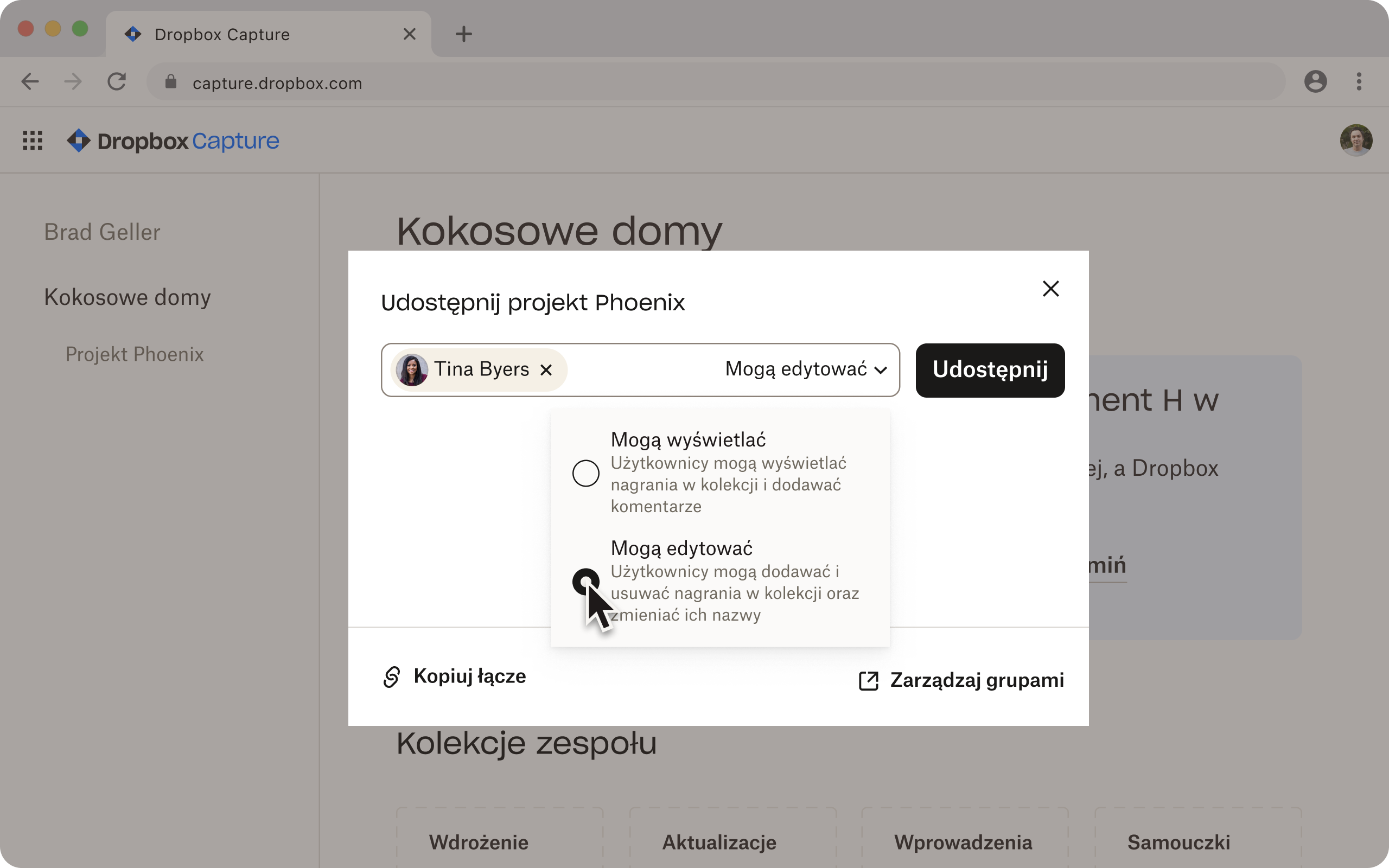 Interfejs użytkownika uprawnień Dropbox Capture