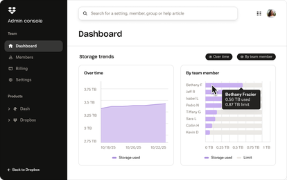 Dropbox storage management user interface