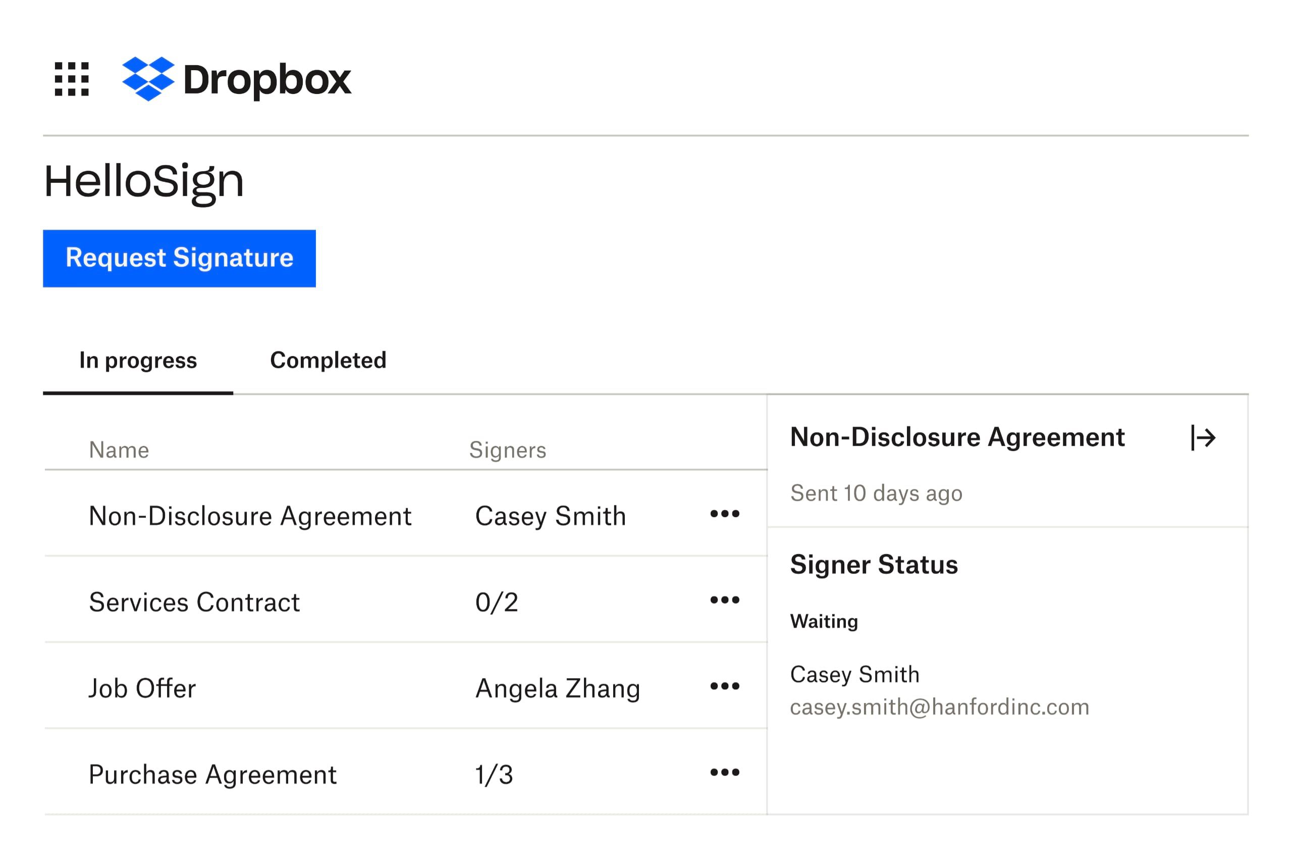 Antarmuka HelloSign dalam Dropbox, menampilkan daftar file yang sedang diproses untuk ditandatangani, dan tanggal file dikirim ke penanda tangan