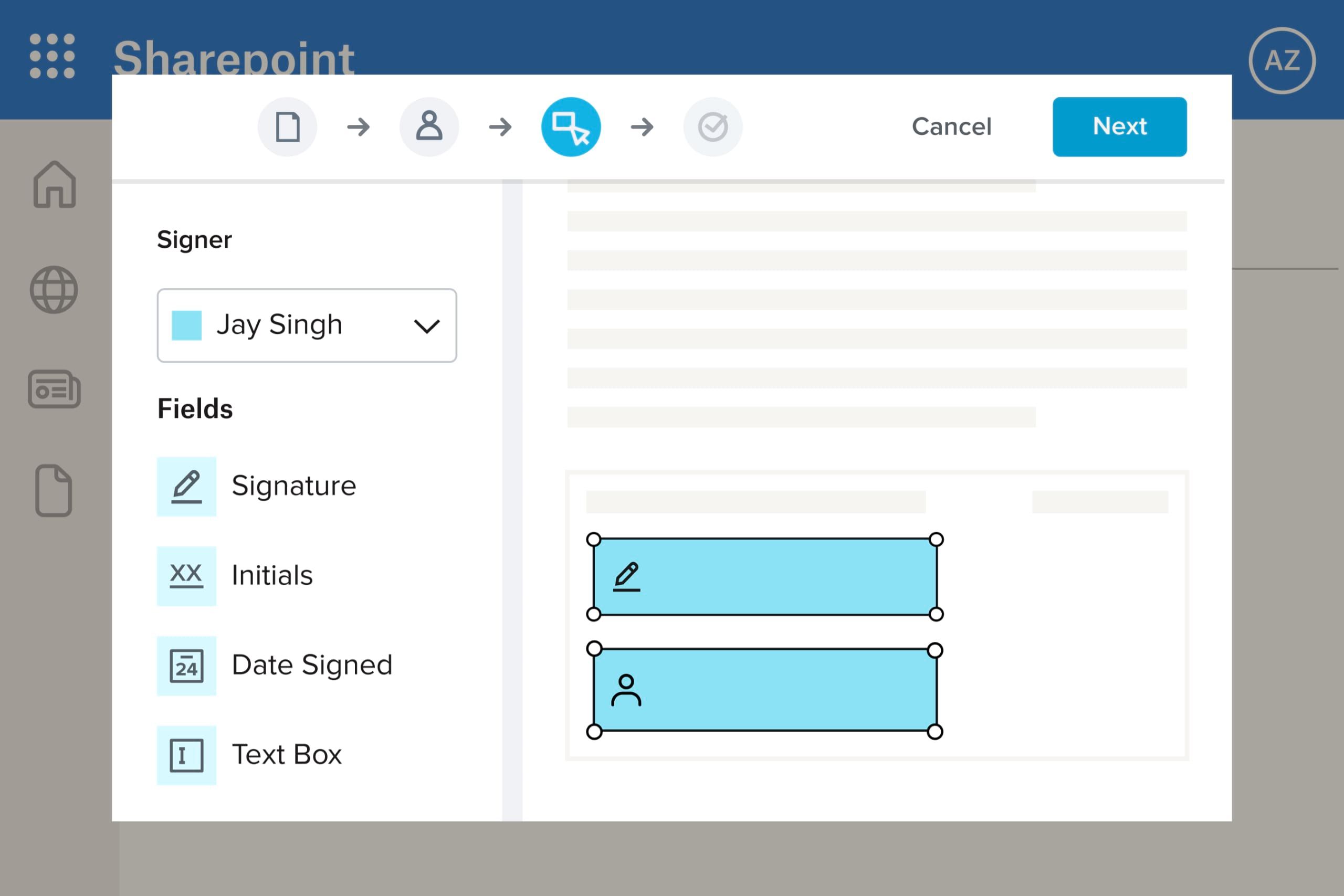 A digital document with two form fills highlighted in blue that show where a signature is needed