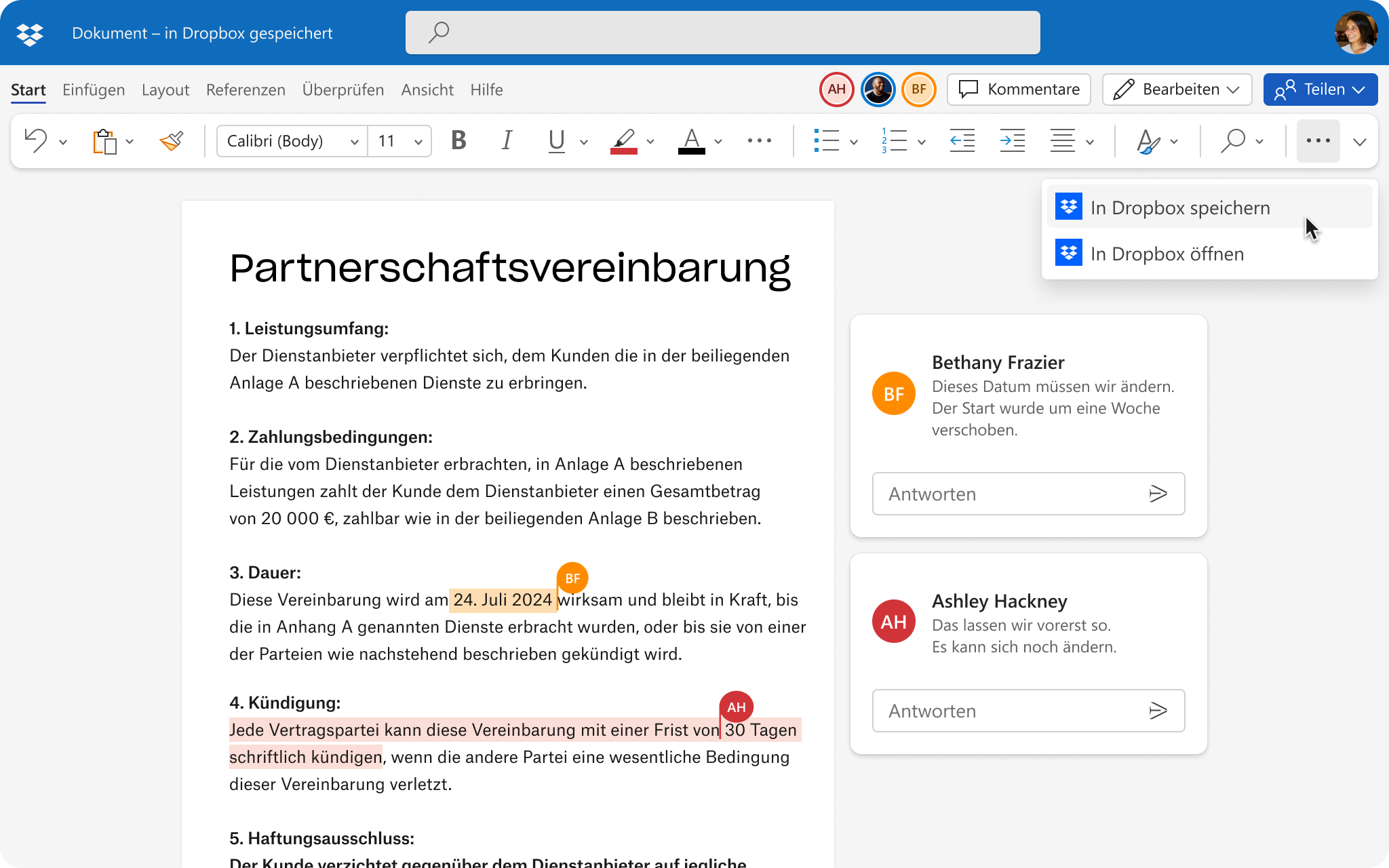 Bildschirm mit Benutzeroberfläche zeigt Microsoft-Integration für die gemeinsame Dokumenterstellung in Word
