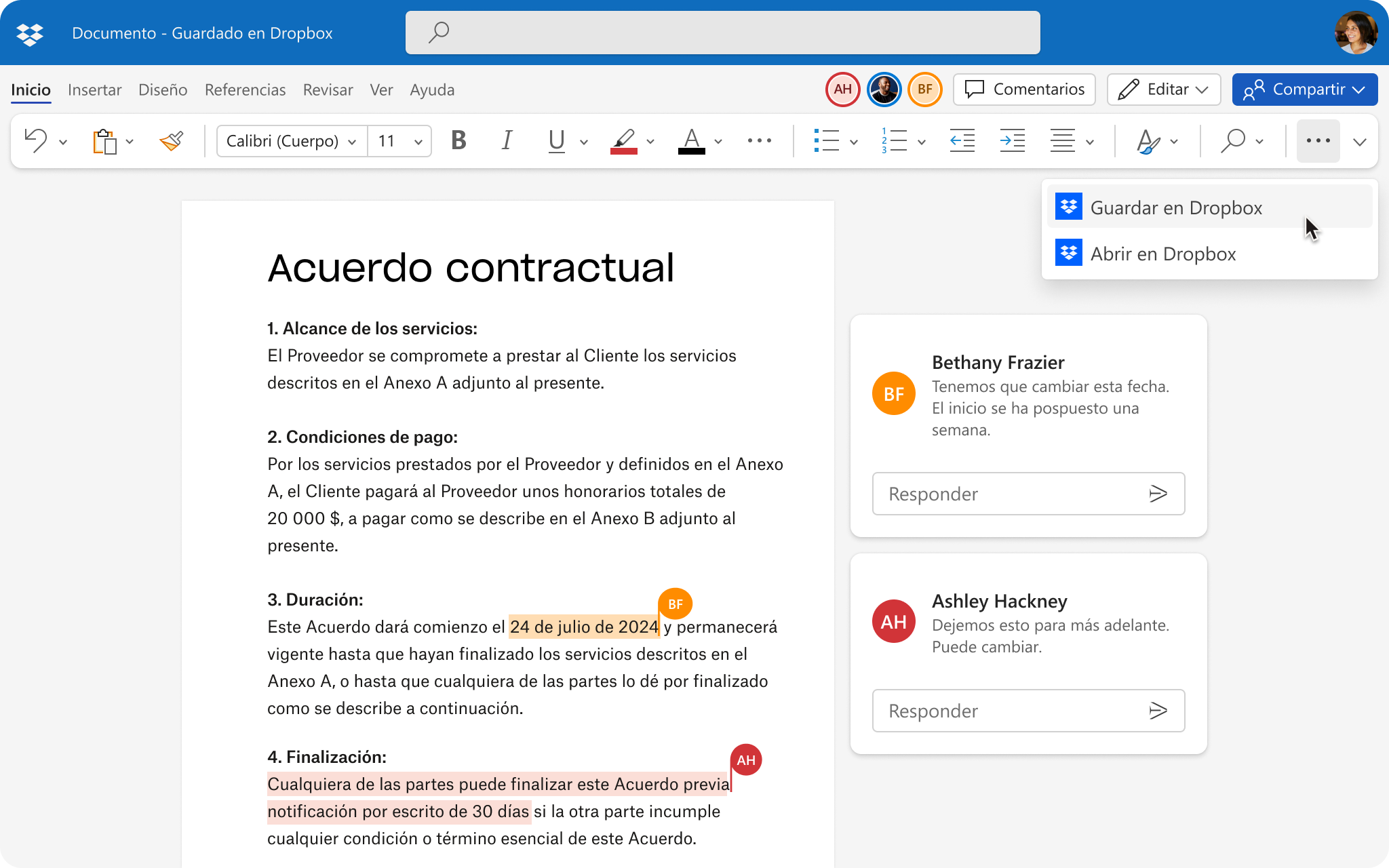 Interfaz de usuario que muestra la coautoría de Word y la integración con Microsoft
