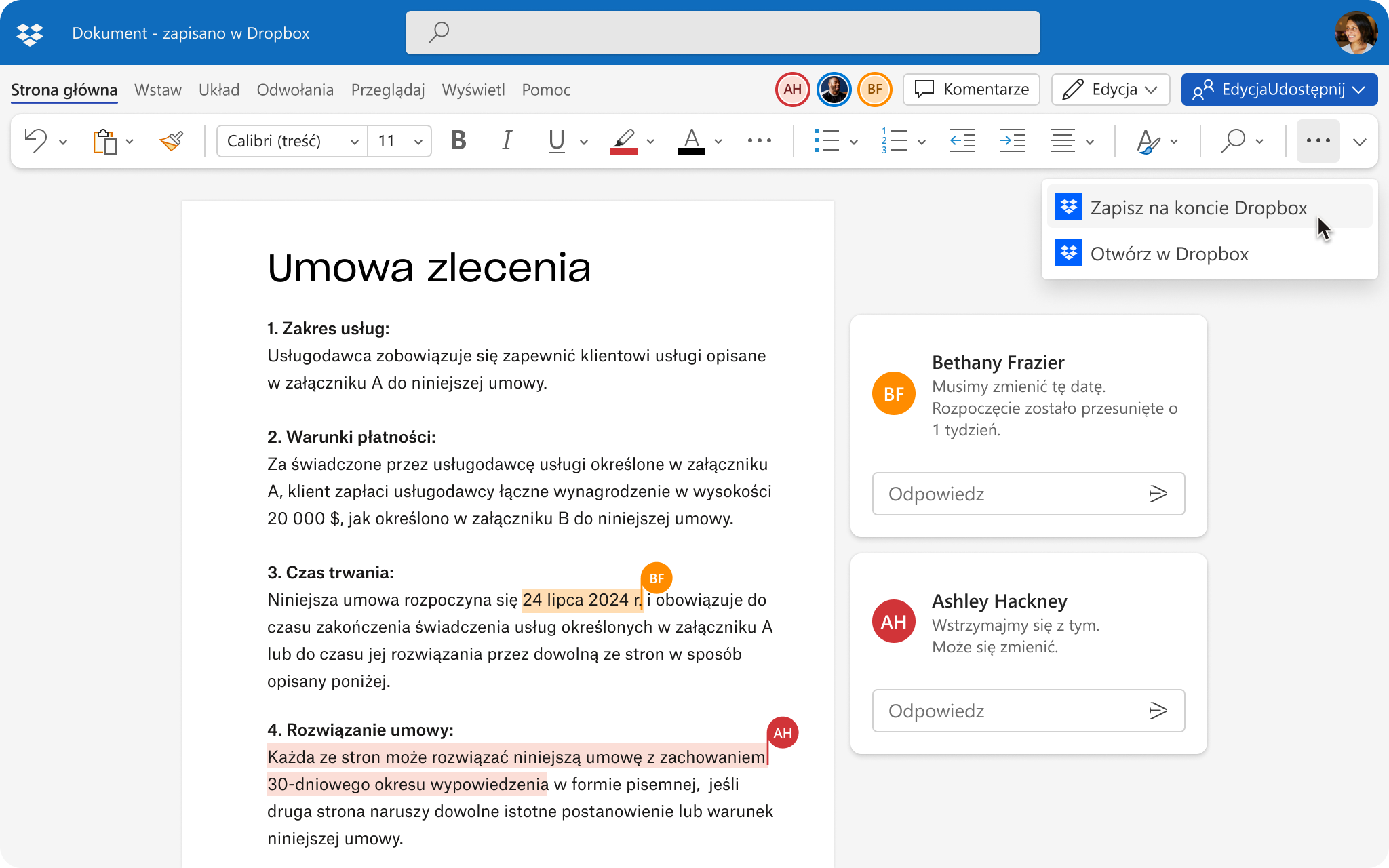 Ekran interfejsu użytkownika przedstawiający integrację z programami firmy Microsoft – współtworzenie w programie Word