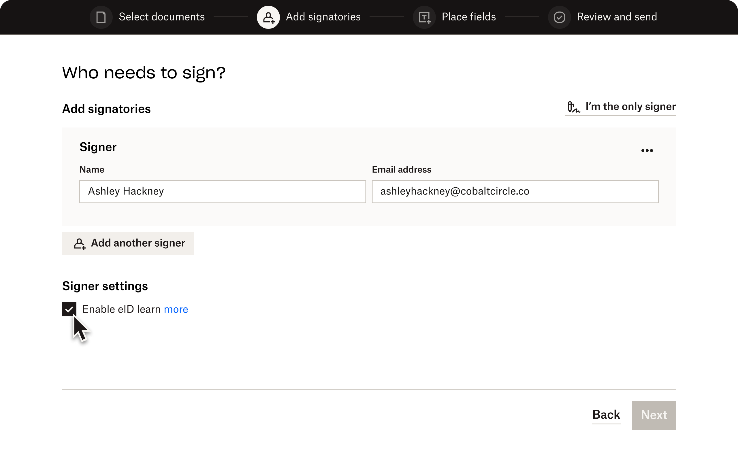 The second step of Dropbox Sign, where a user can add signers and enable eID