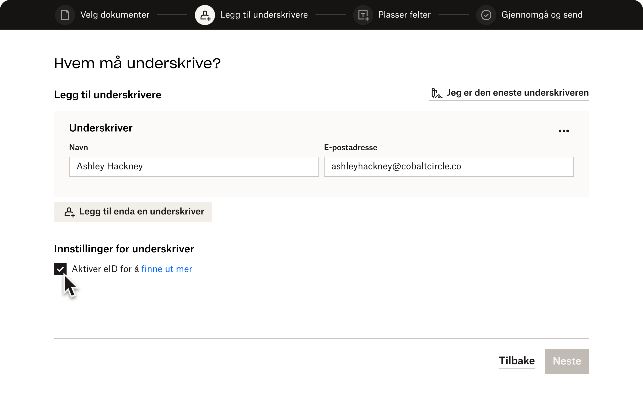 Det andre trinnet i Dropbox Sign, der en bruker kan legge til signerende parter og aktivere eID