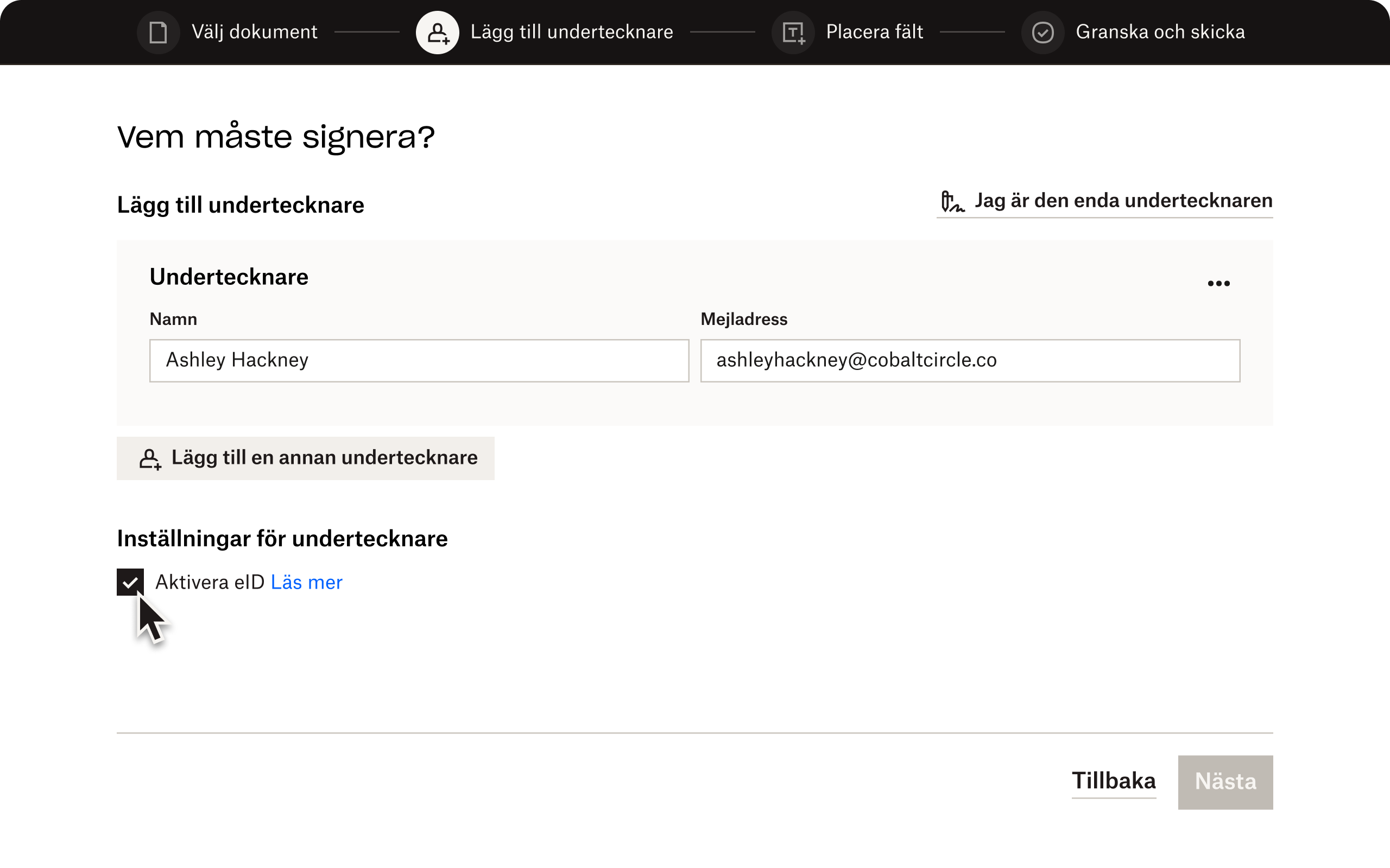Det andra steget i Dropbox Sign, där en användare kan lägga till undertecknare och aktivera eID