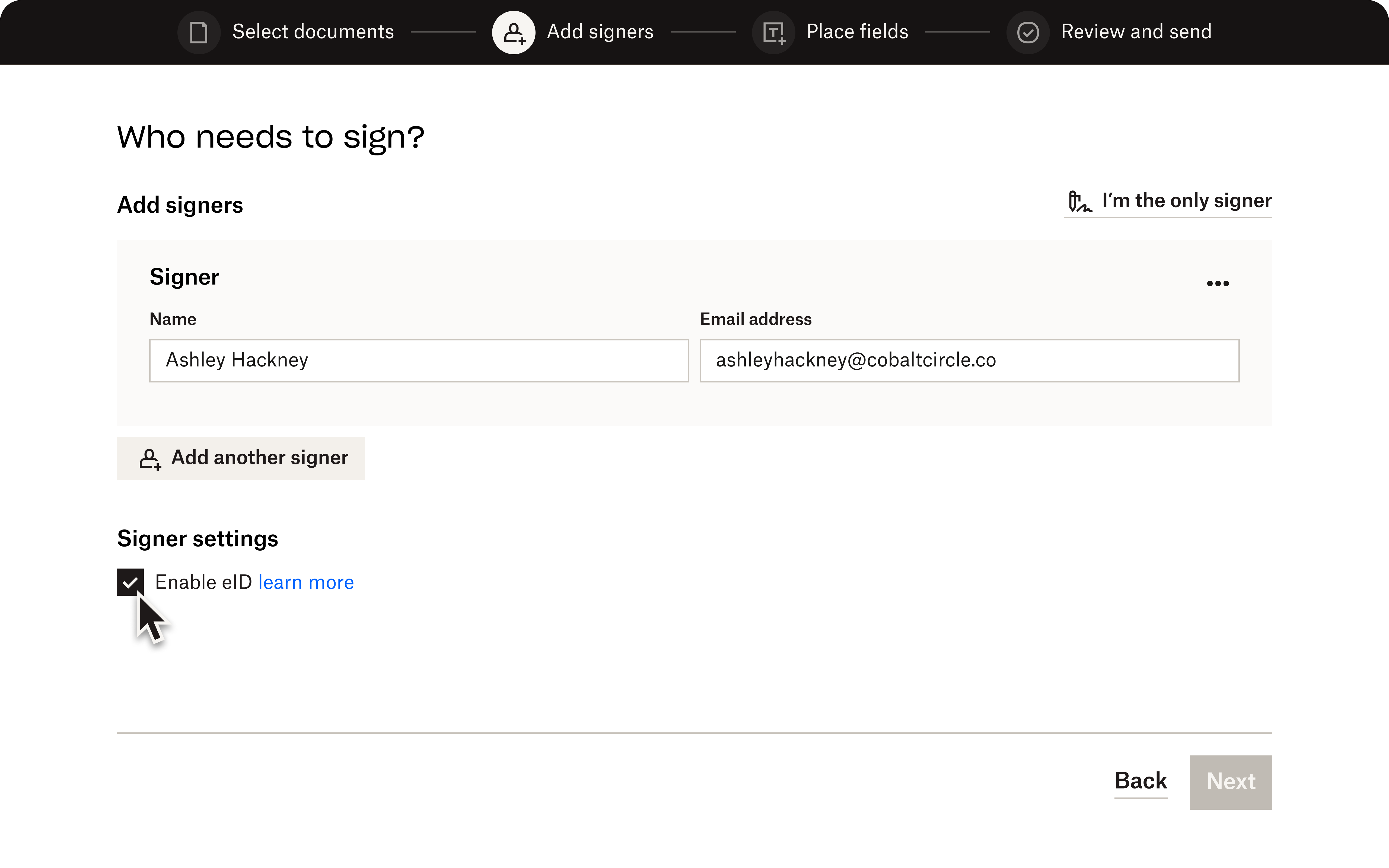 The second step of Dropbox Sign, where a user can add signers and enable eID