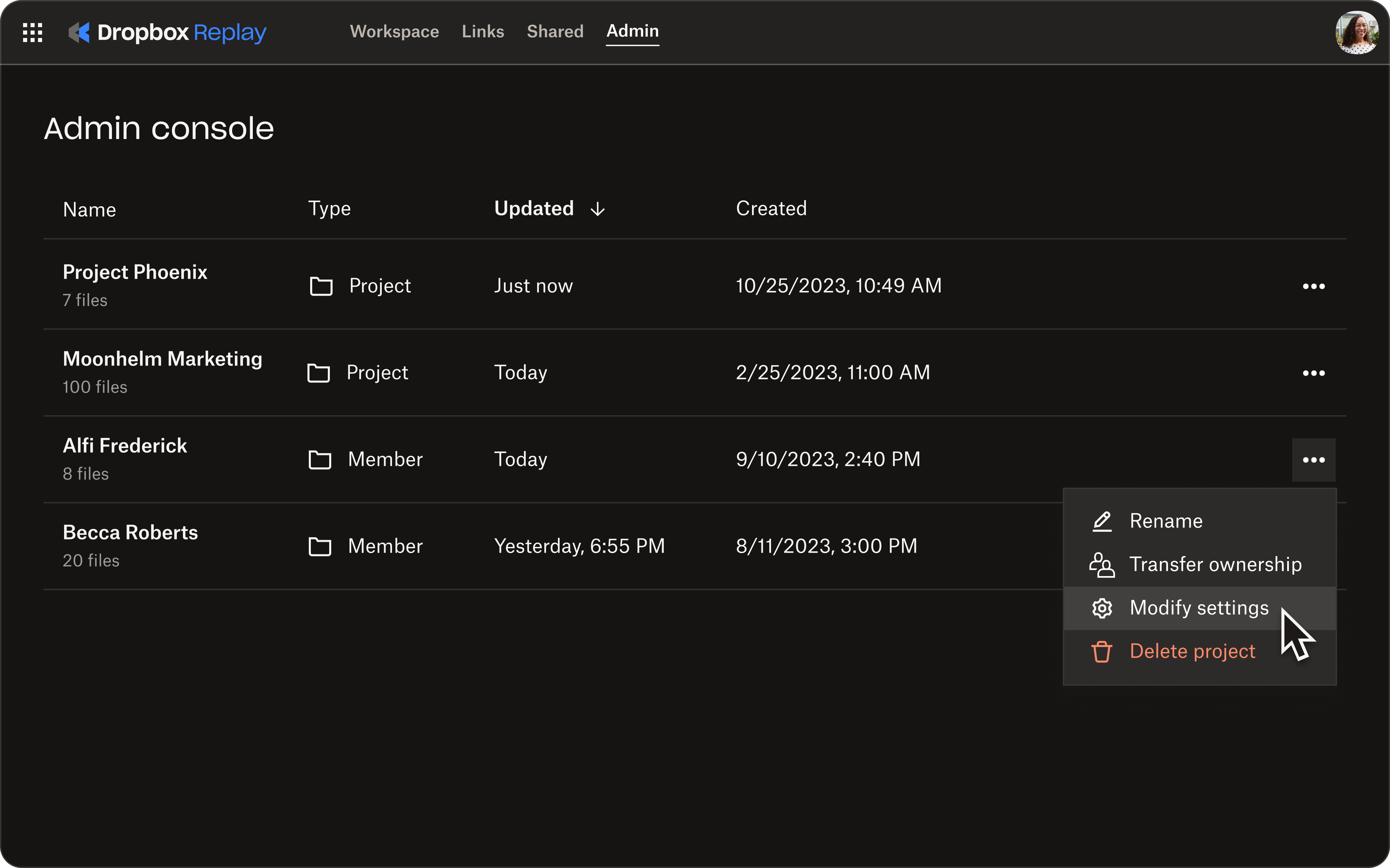 Screenshot of the Dropbox admin console