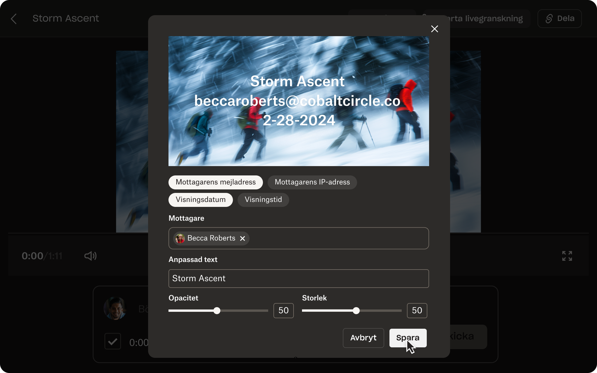 Skärmdump av användargränssnittet för dynamisk vattenstämpel i Replay