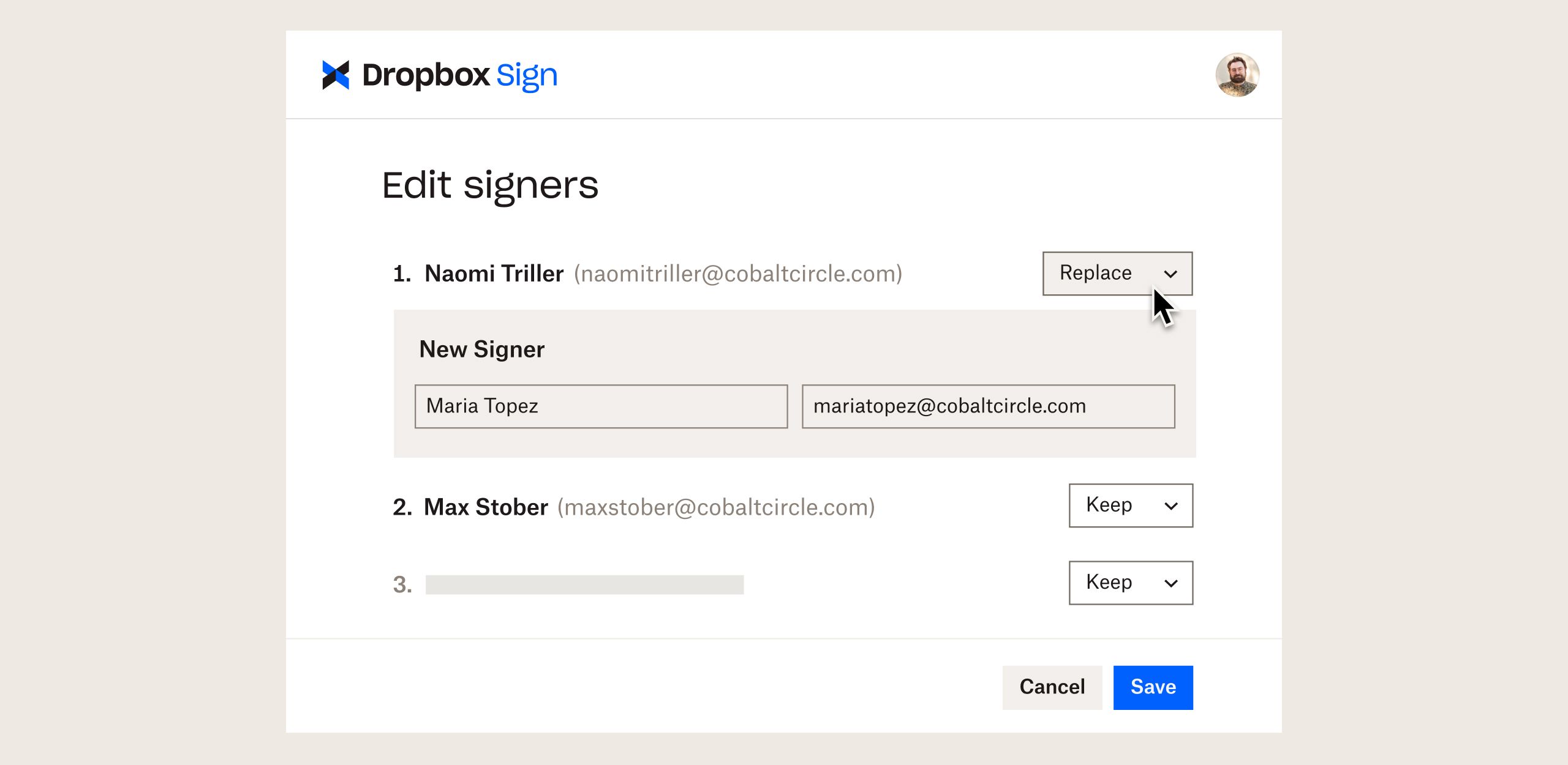 Interfejs użytkownika produktu, w którym pokazano, jak zarządzać osobami podpisującymi w Dropbox Sign