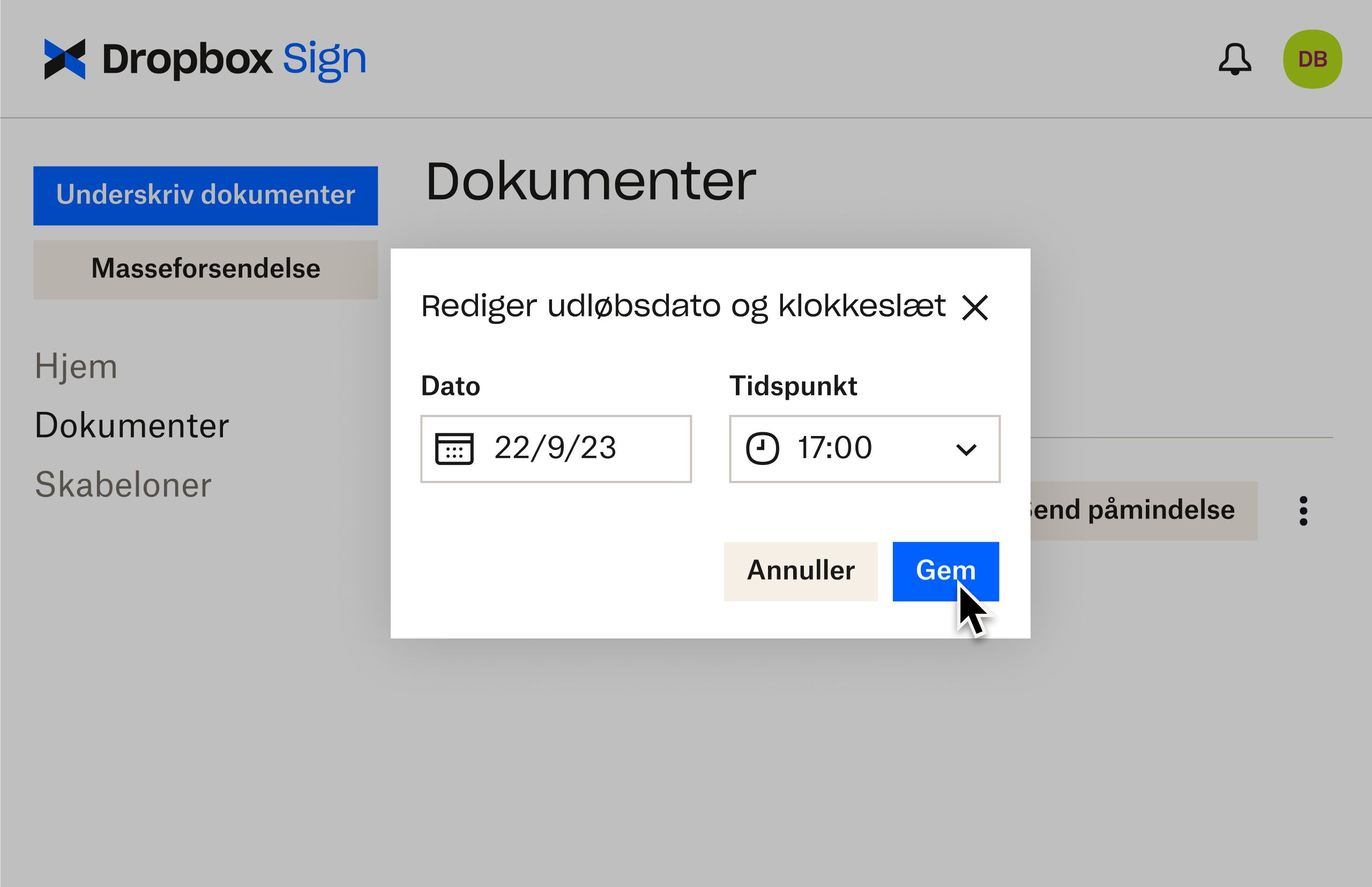 Dropbox Sign-brugergrænseflade viser, hvordan man redigerer udløbsdatoer efter at have sendt dokument til underskrivning