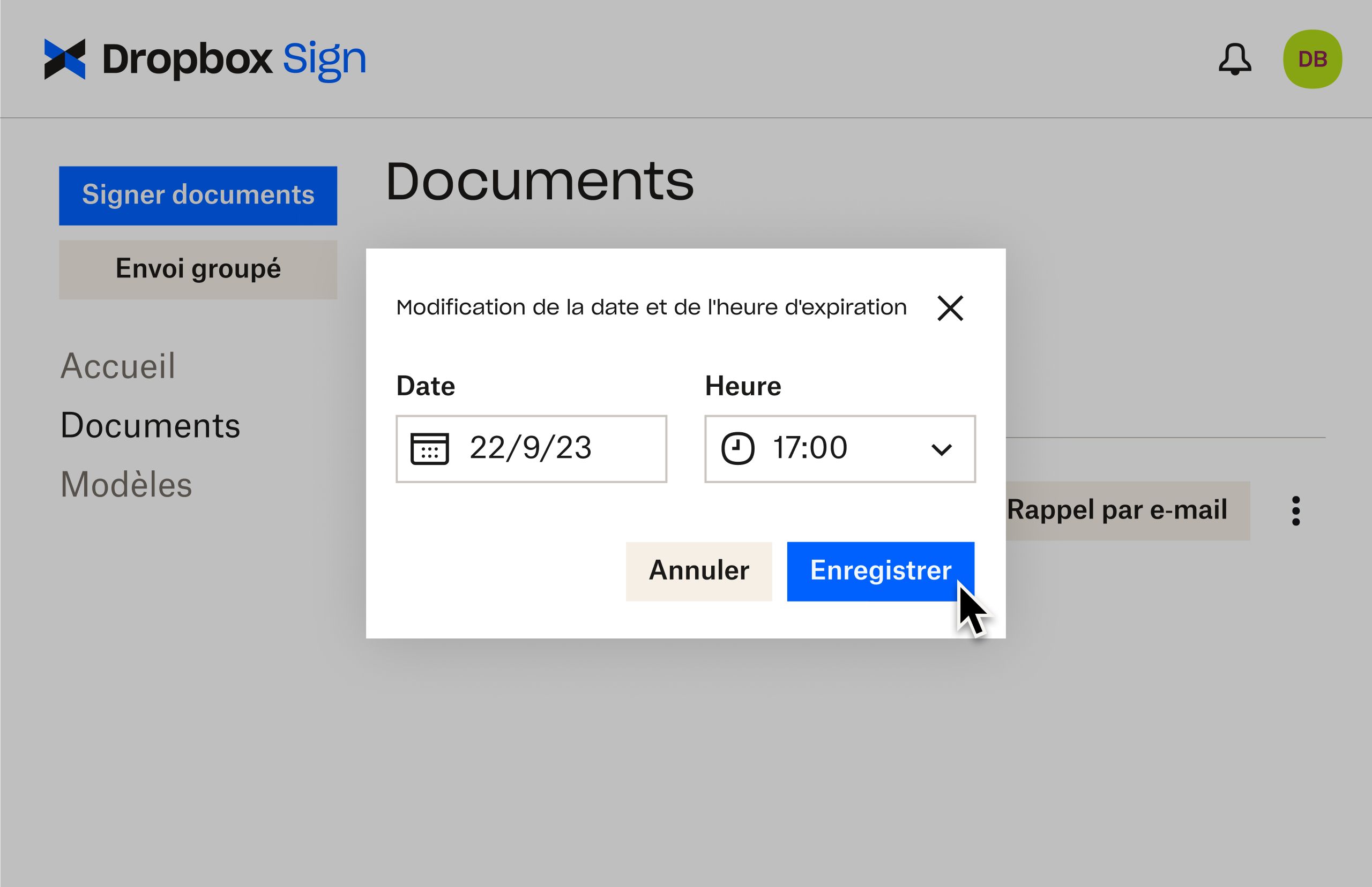Interface utilisateur Dropbox Sign montrant comment modifier le délai de validité après l’envoi d’un document pour signature