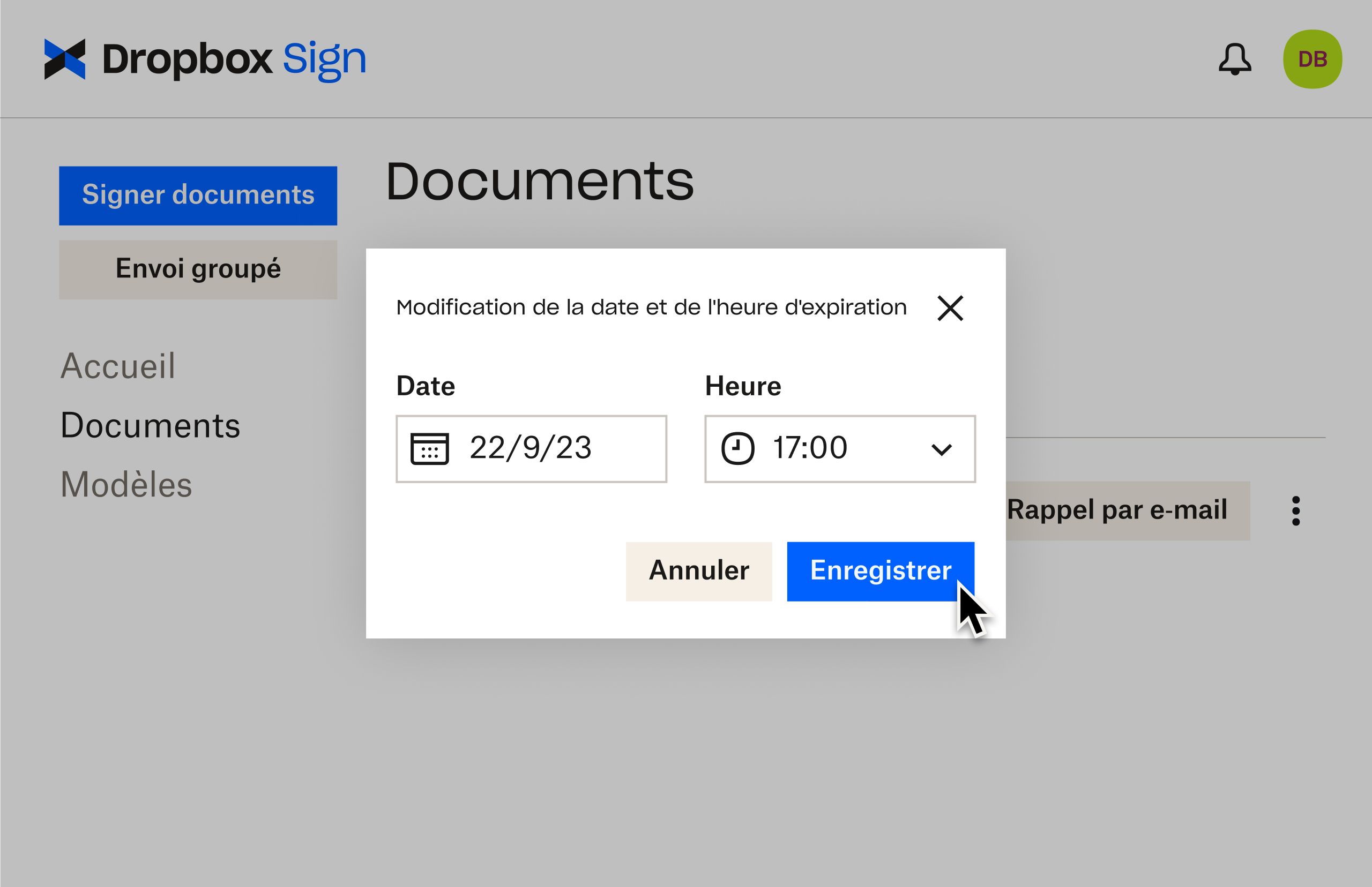 Interface utilisateur Dropbox Sign montrant comment modifier le délai de validité après l’envoi d’un document pour signature