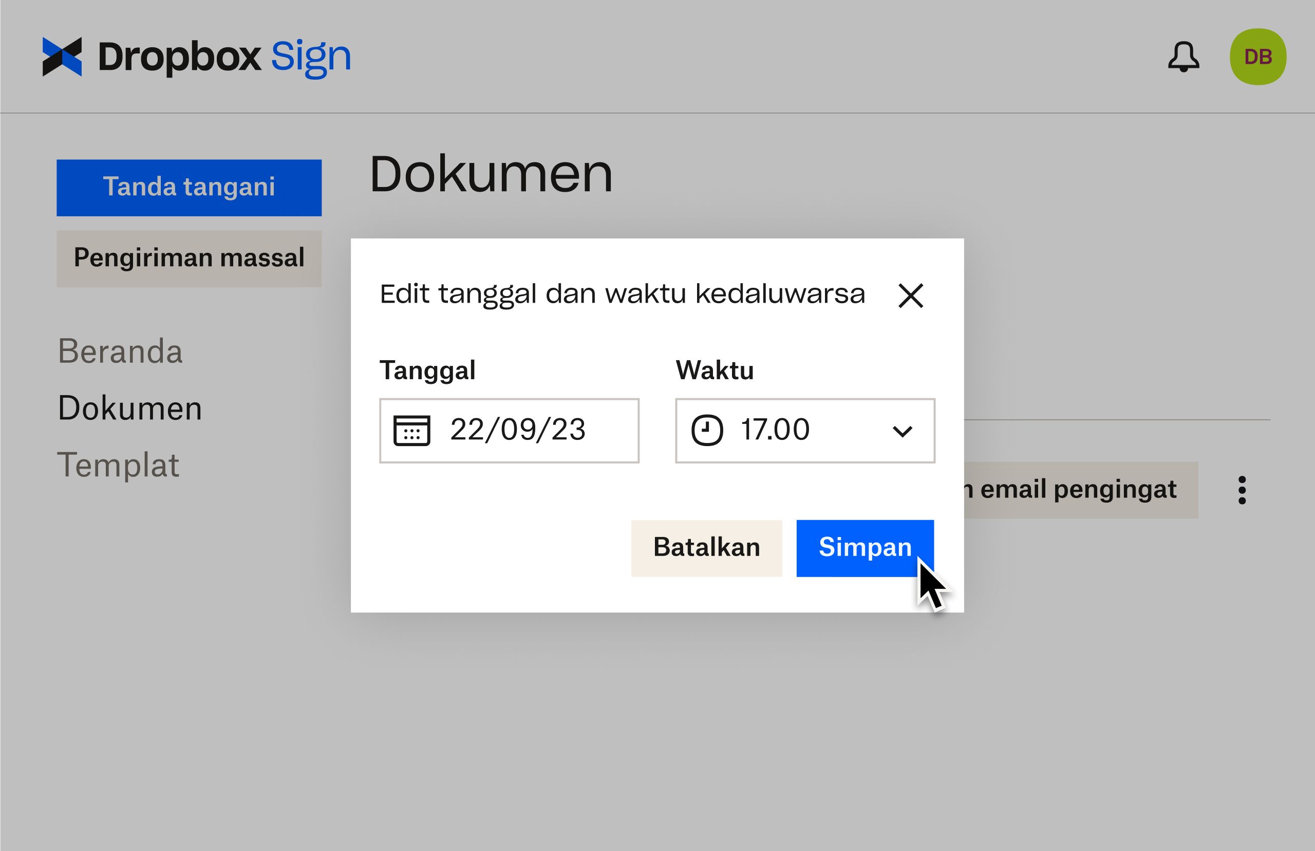 Dropbox Sign UI menunjukkan cara mengedit tanggal kedaluwarsa setelah mengirim dokumen untuk penandatanganan