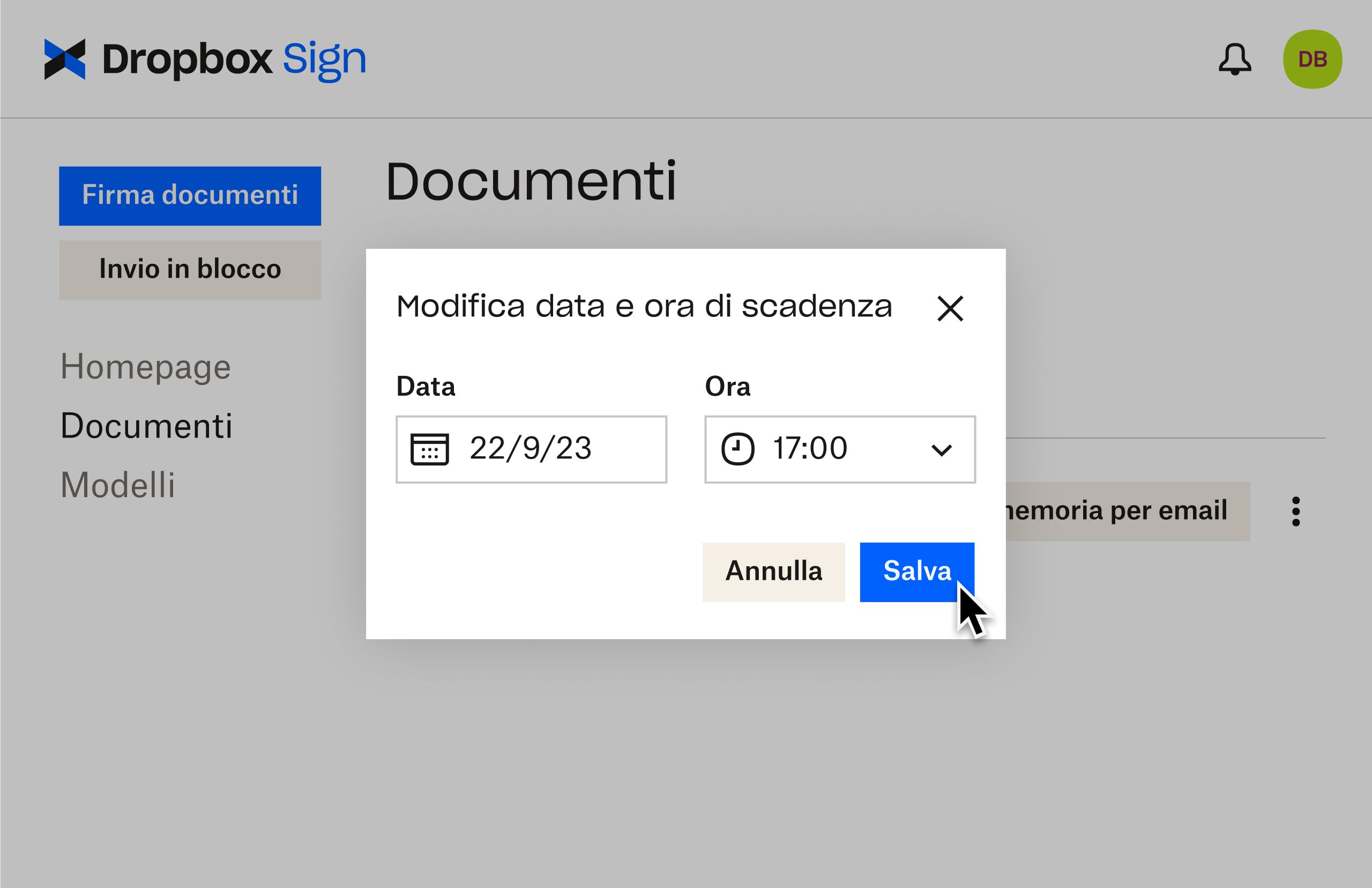 Interfaccia utente di Dropbox Sign che mostra come modificare le date di scadenza dopo l'invio di un documento per la firma