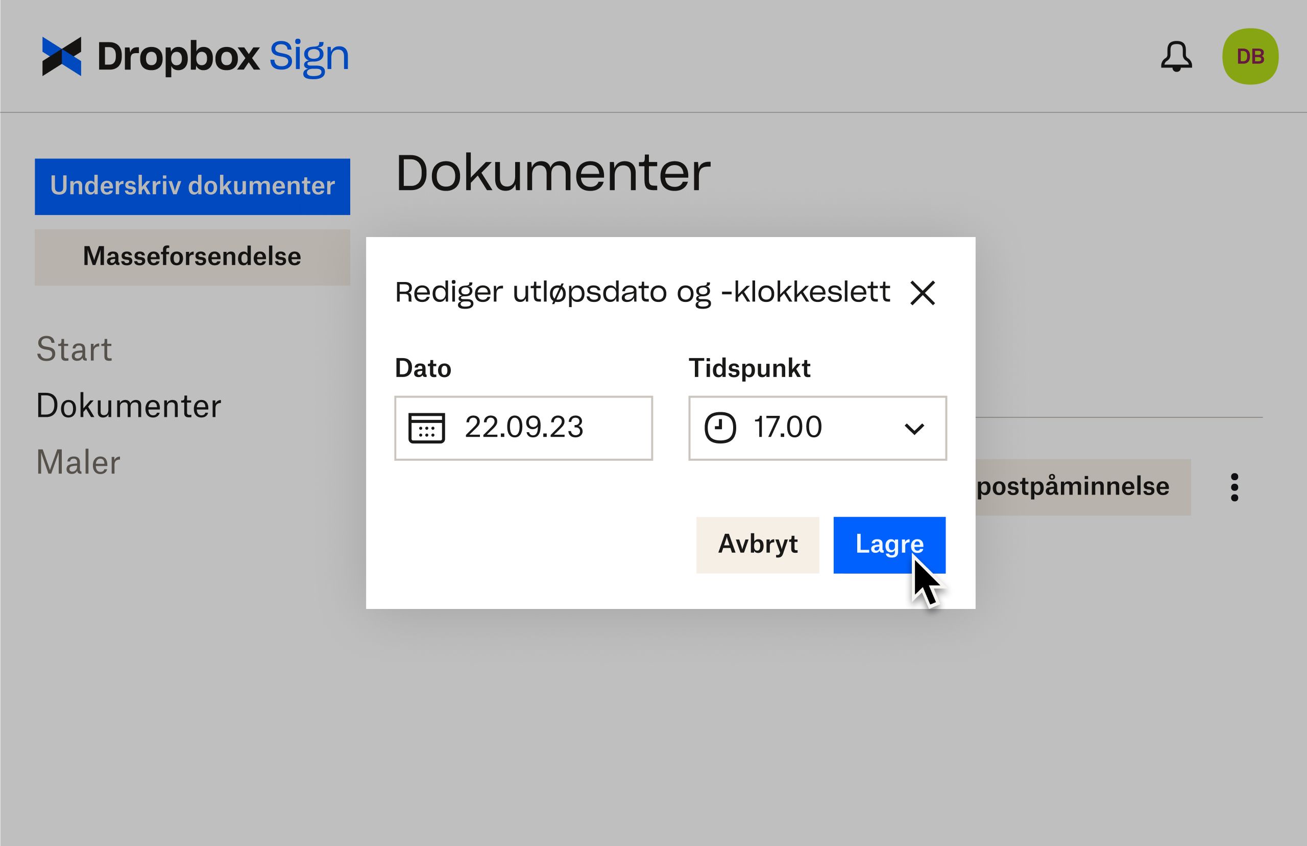 Dropbox Sign-brukergrensesnittet viser hvordan du kan redigere utløpsdatoer etter at et dokument sendes til signering