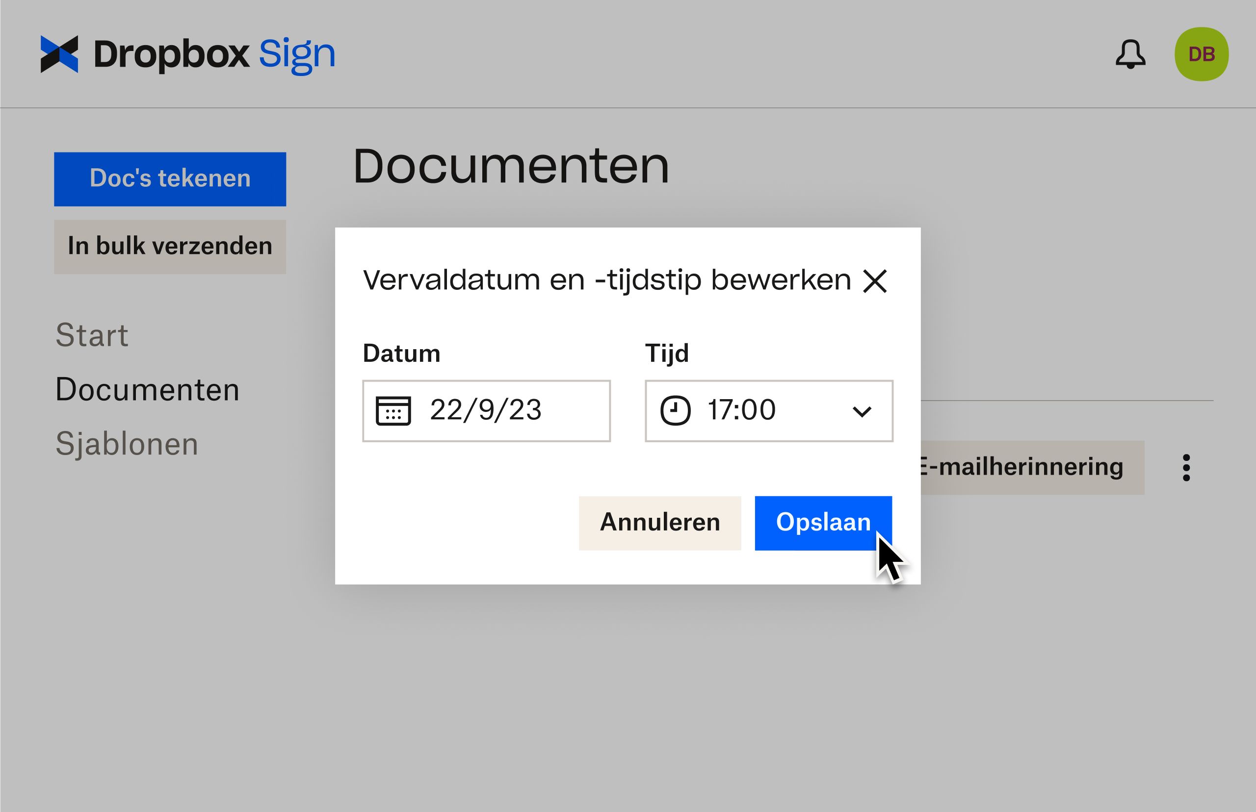 Dropbox Sign-UI laat zien hoe je vervaldatums kunt aanpassen nadat een document al ter ondertekening is verstuurd