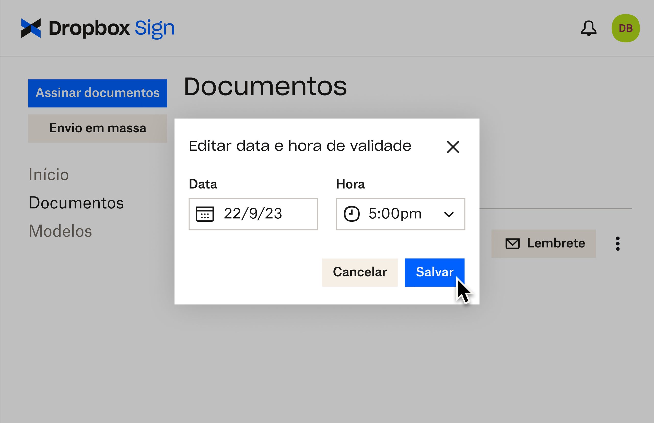 Interface do usuário do Dropbox Sign mostrando como editar prazos de validade após o envio de um documento para assinatura