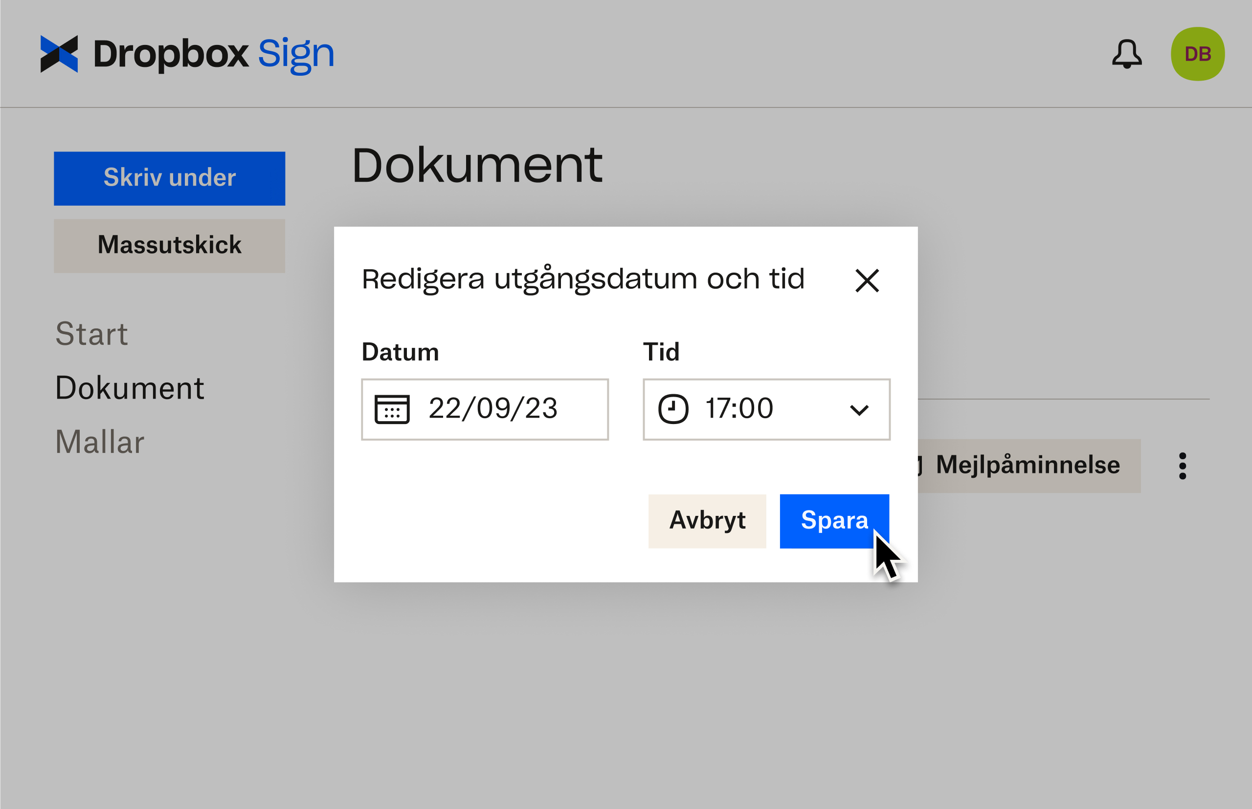 Dropbox Sign UI visar hur man redigerar utgångsdatum efter att ha skickat ett dokument för underskrift