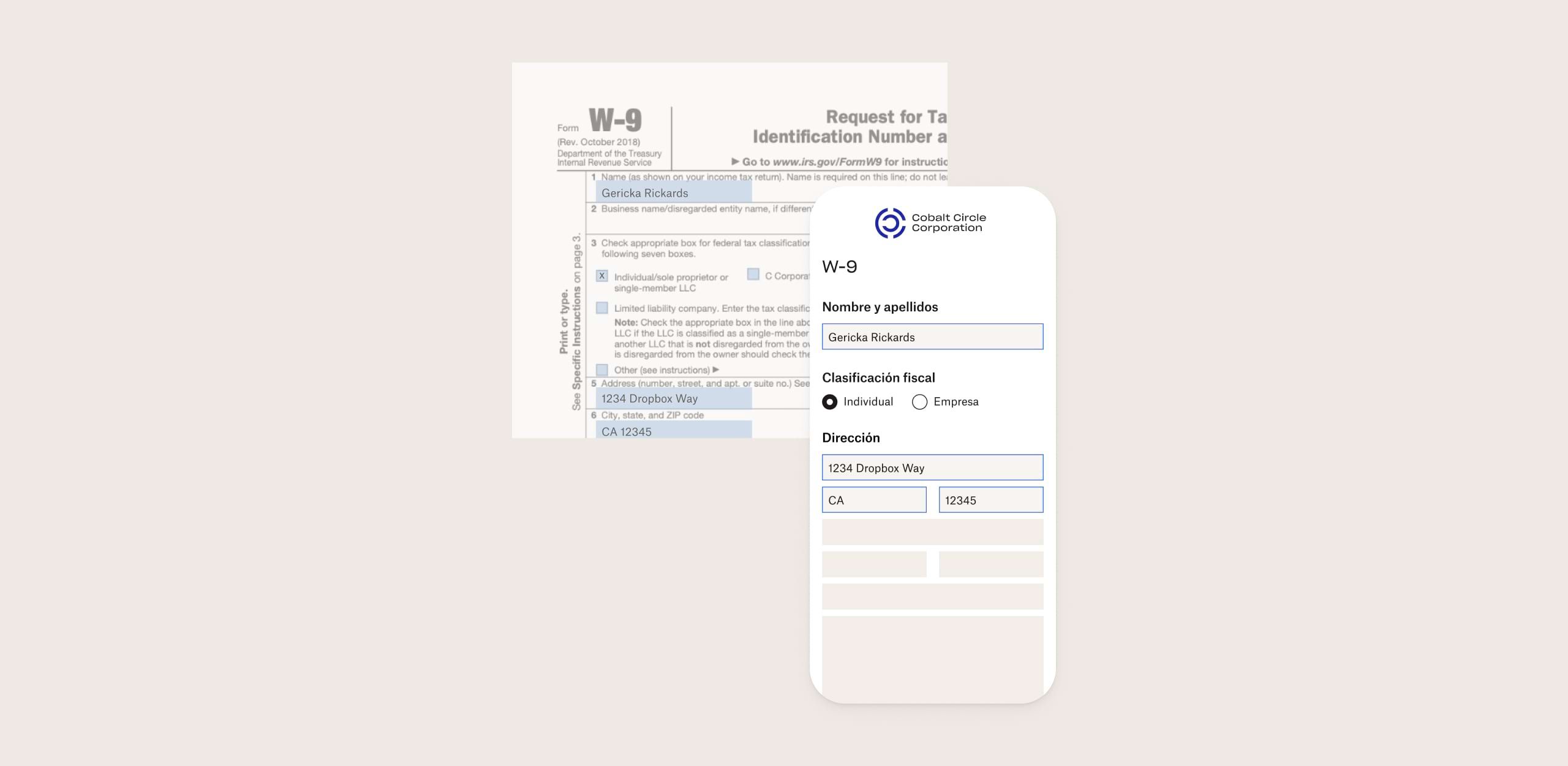 Una persona rellena formularios de Dropbox Forms desde el móvil y un PDF se actualiza