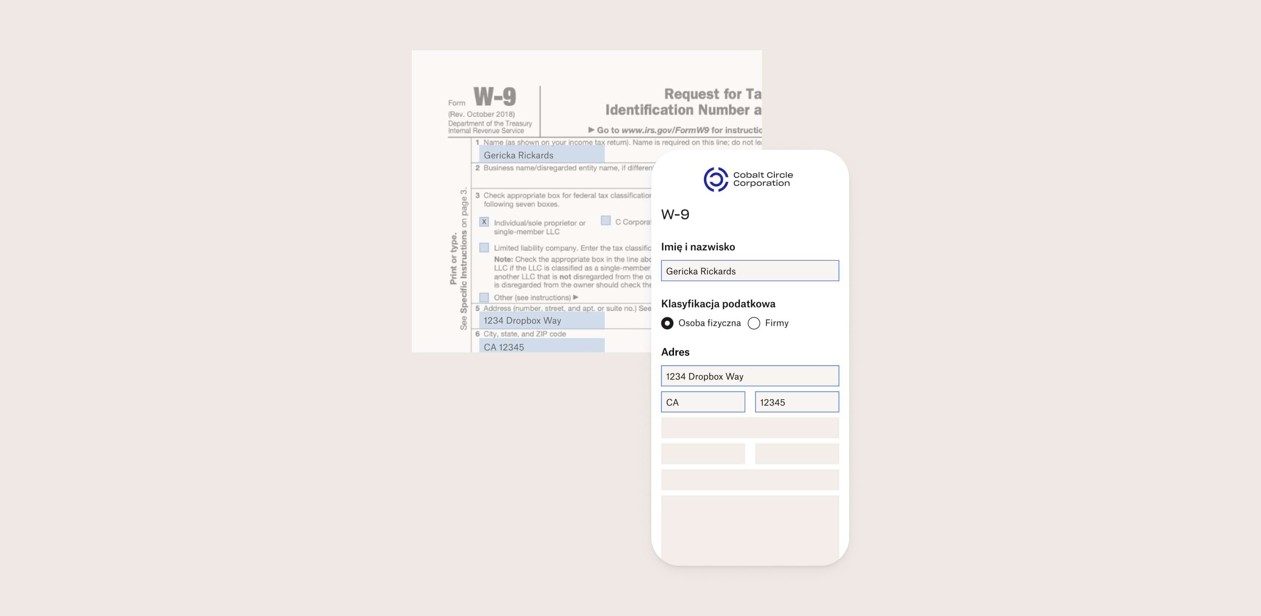 Osoba wypełnia Dropbox Forms na telefonie komórkowym, a plik PDF jest aktualizowany