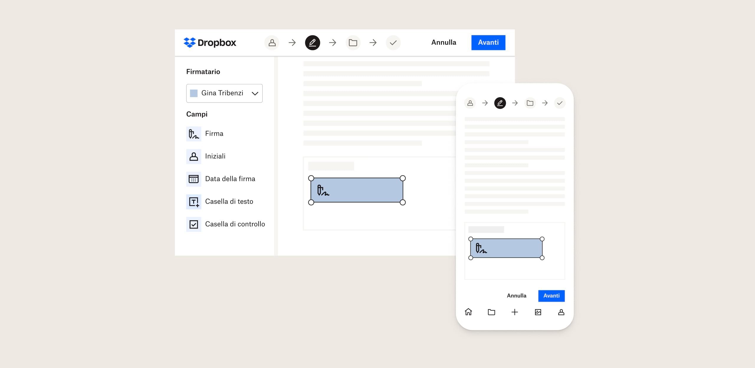 Un utente firma un documento su un dispositivo mobile e le modifiche vengono visualizzate sul computer