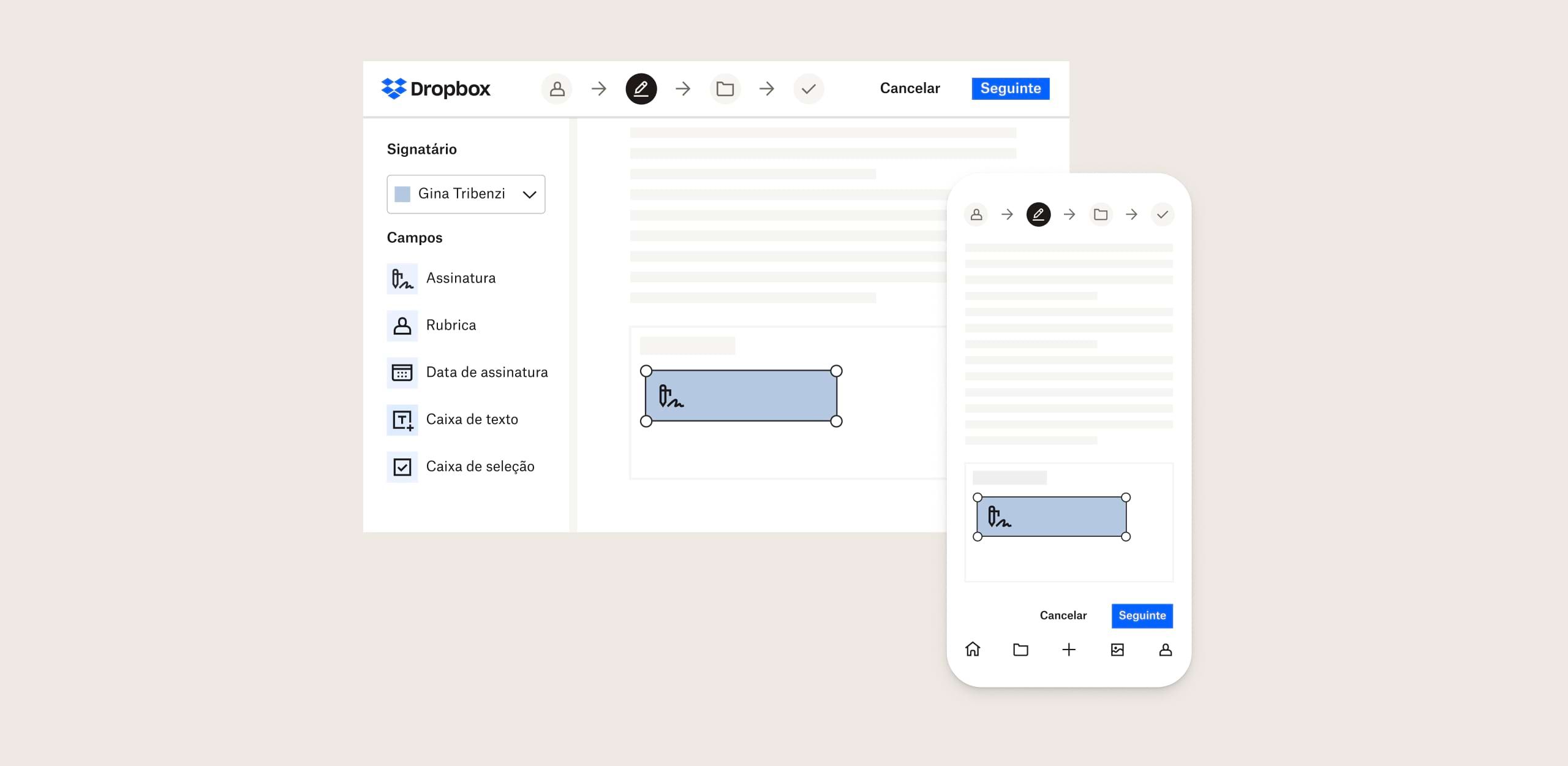 Um usuário assina um documento no celular e as alterações são mostradas no desktop