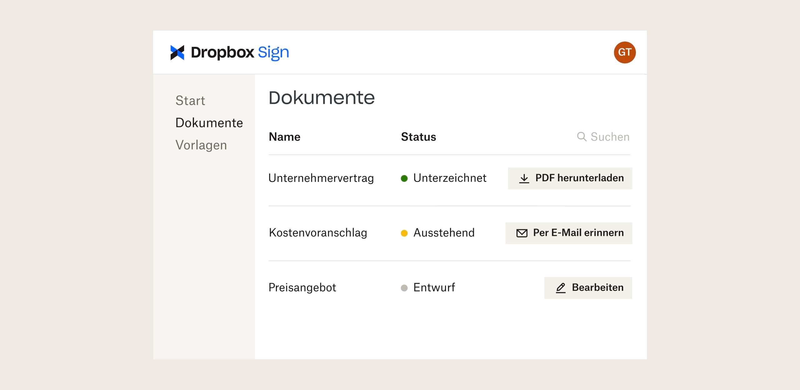 Dropbox Sign-Oberfläche mit Optionen zum Herunterladen, Versenden und Bearbeiten von Dateien