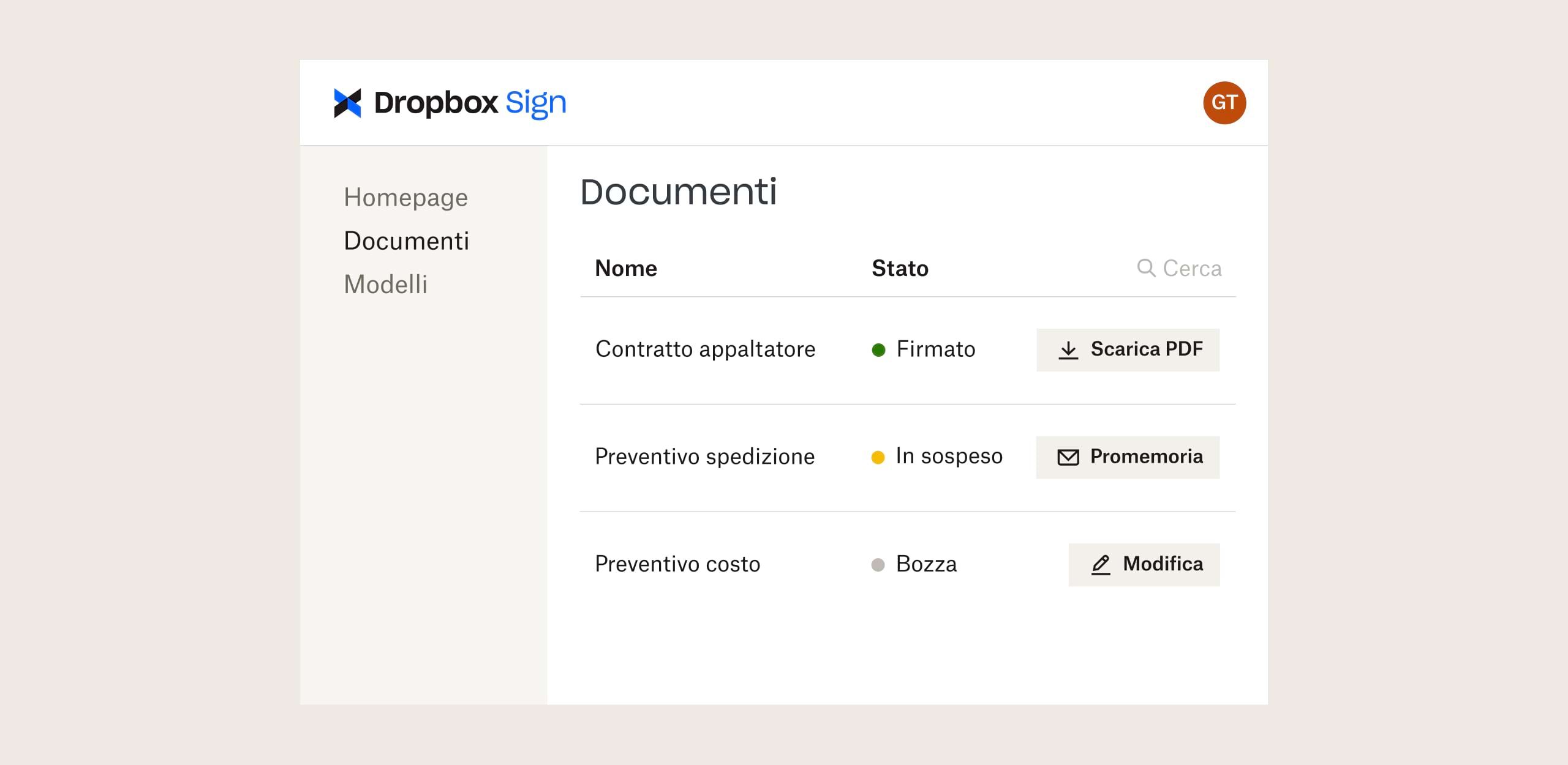 Interfaccia di Dropbox Sign con opzioni per il download, l'invio di e-mail e la modifica dei file.