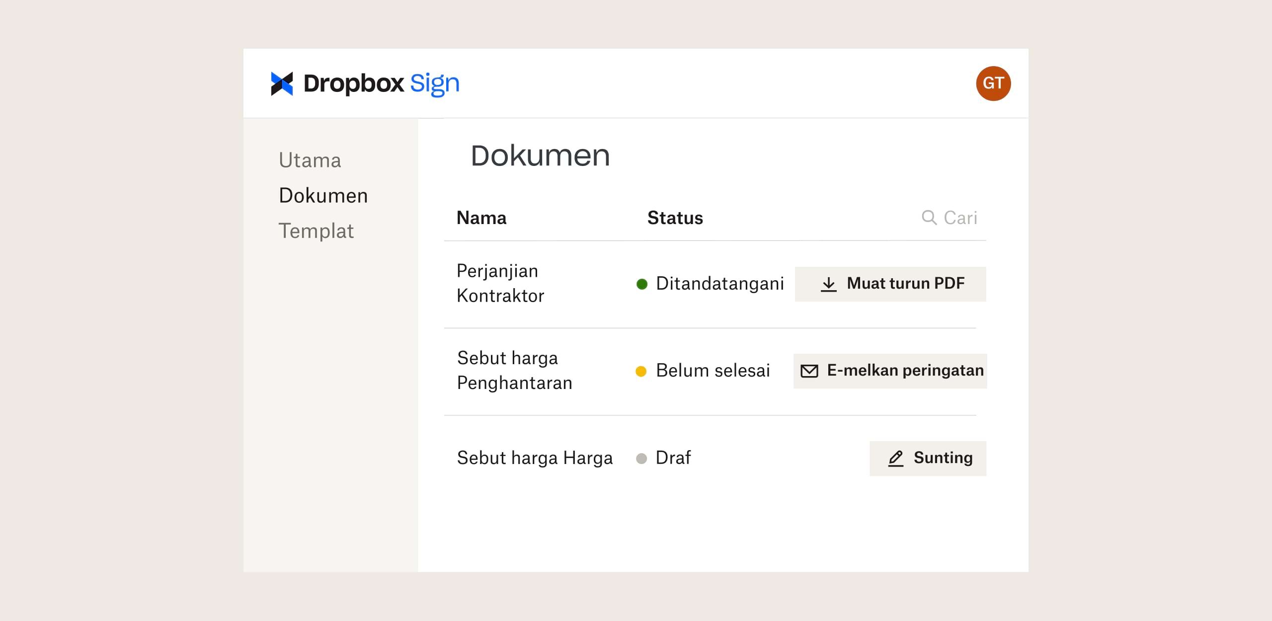 Antara muka Dropbox Sign dengan pilihan untuk memuat turun, e-mel dan mengedit fail