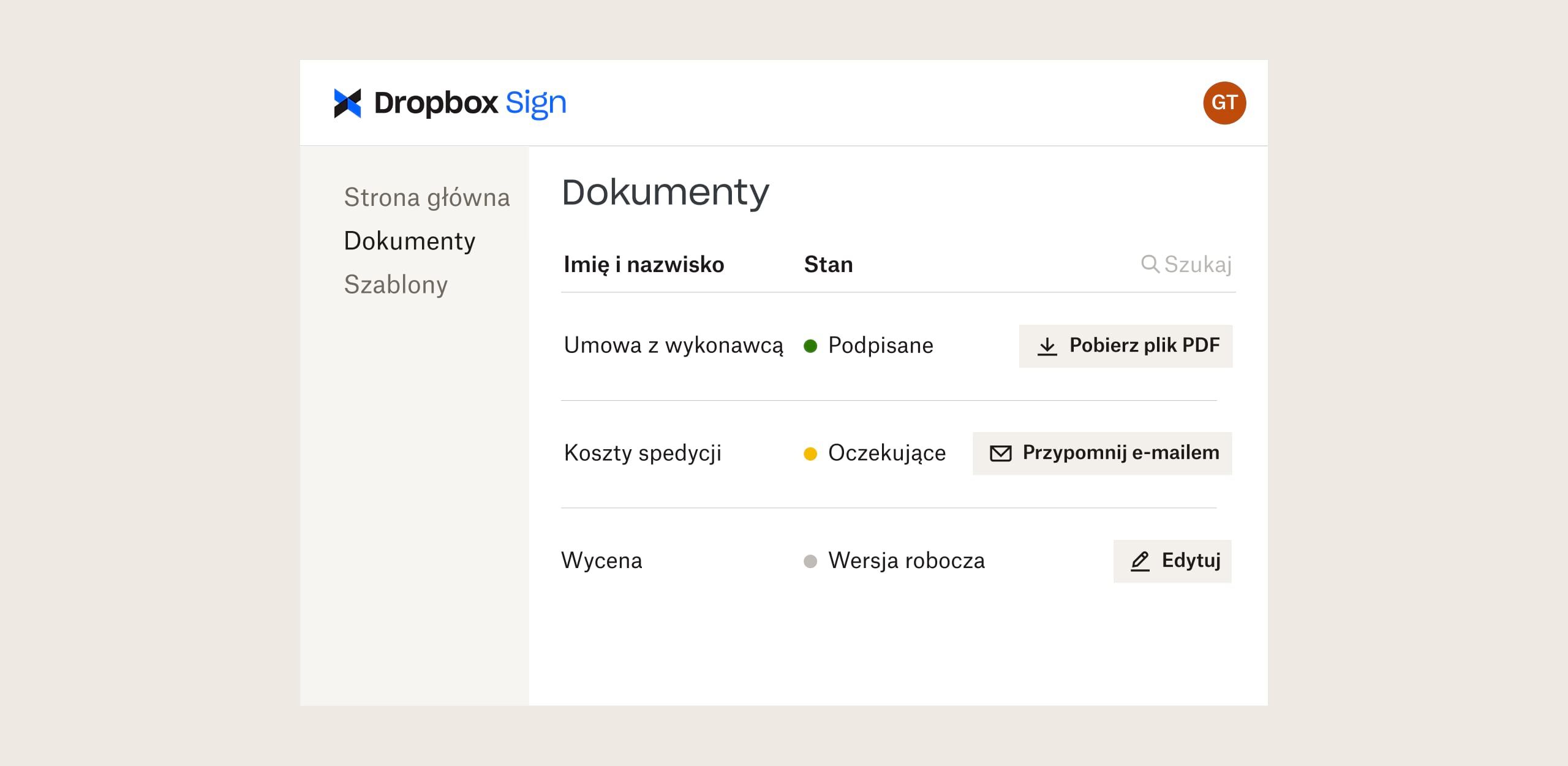 Interfejs Dropbox Sign z opcjami pobierania, wysyłania pocztą e-mail i edytowania plików