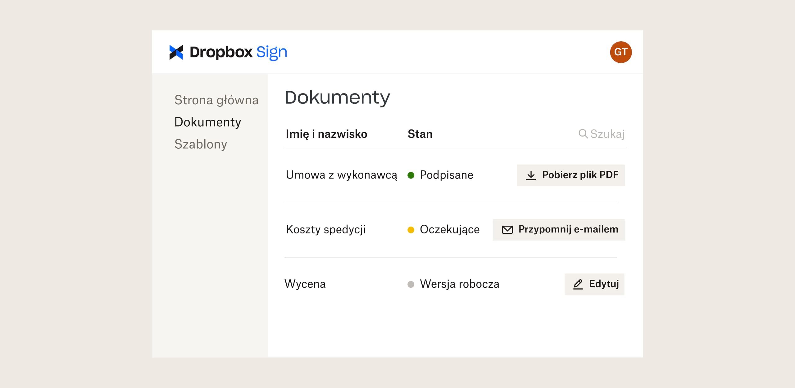 Interfejs Dropbox Sign z opcjami pobierania, wysyłania pocztą e-mail i edytowania plików