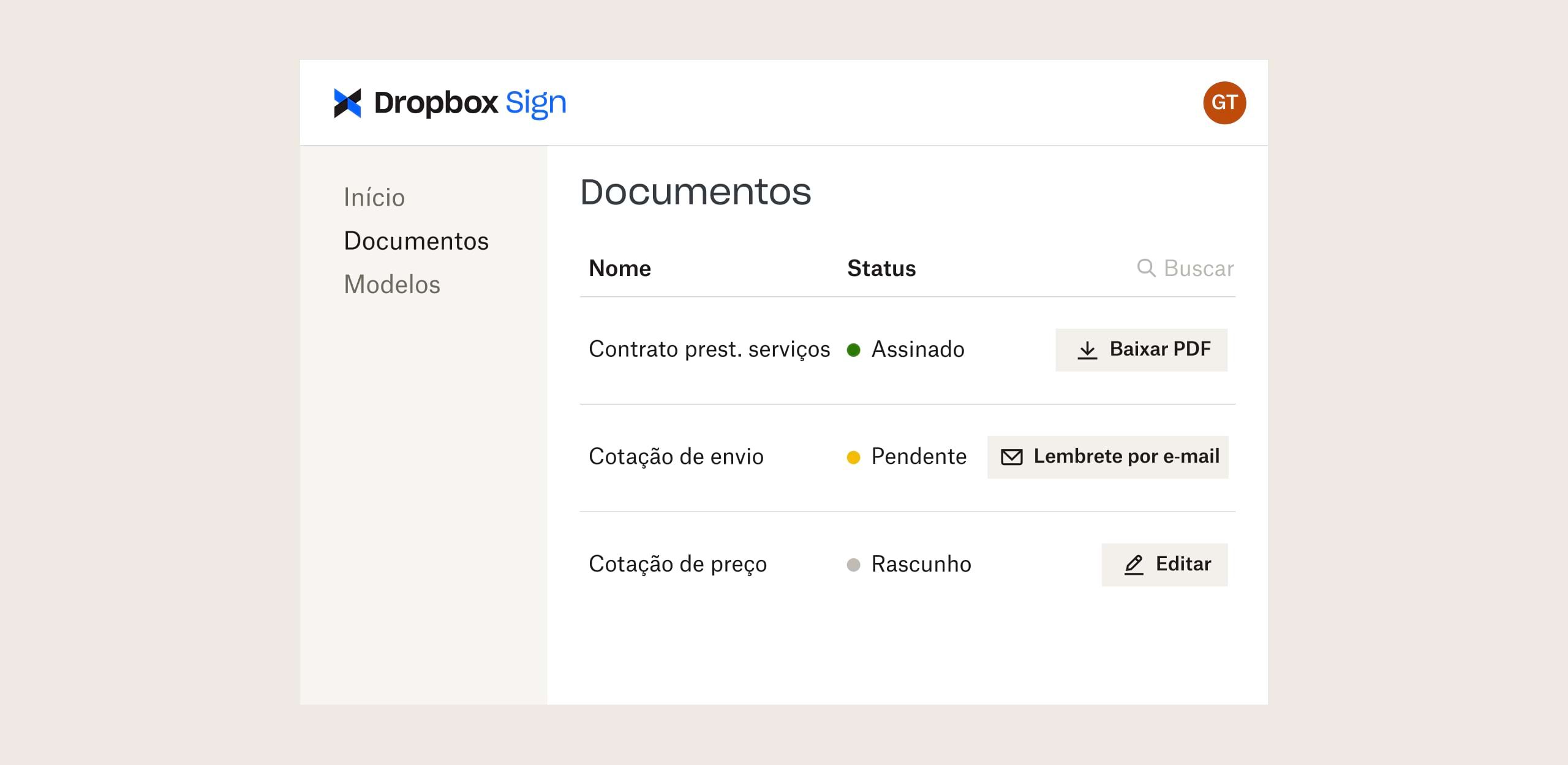 Interface do Dropbox Sign com opções para baixar, enviar por e-mail e editar arquivos