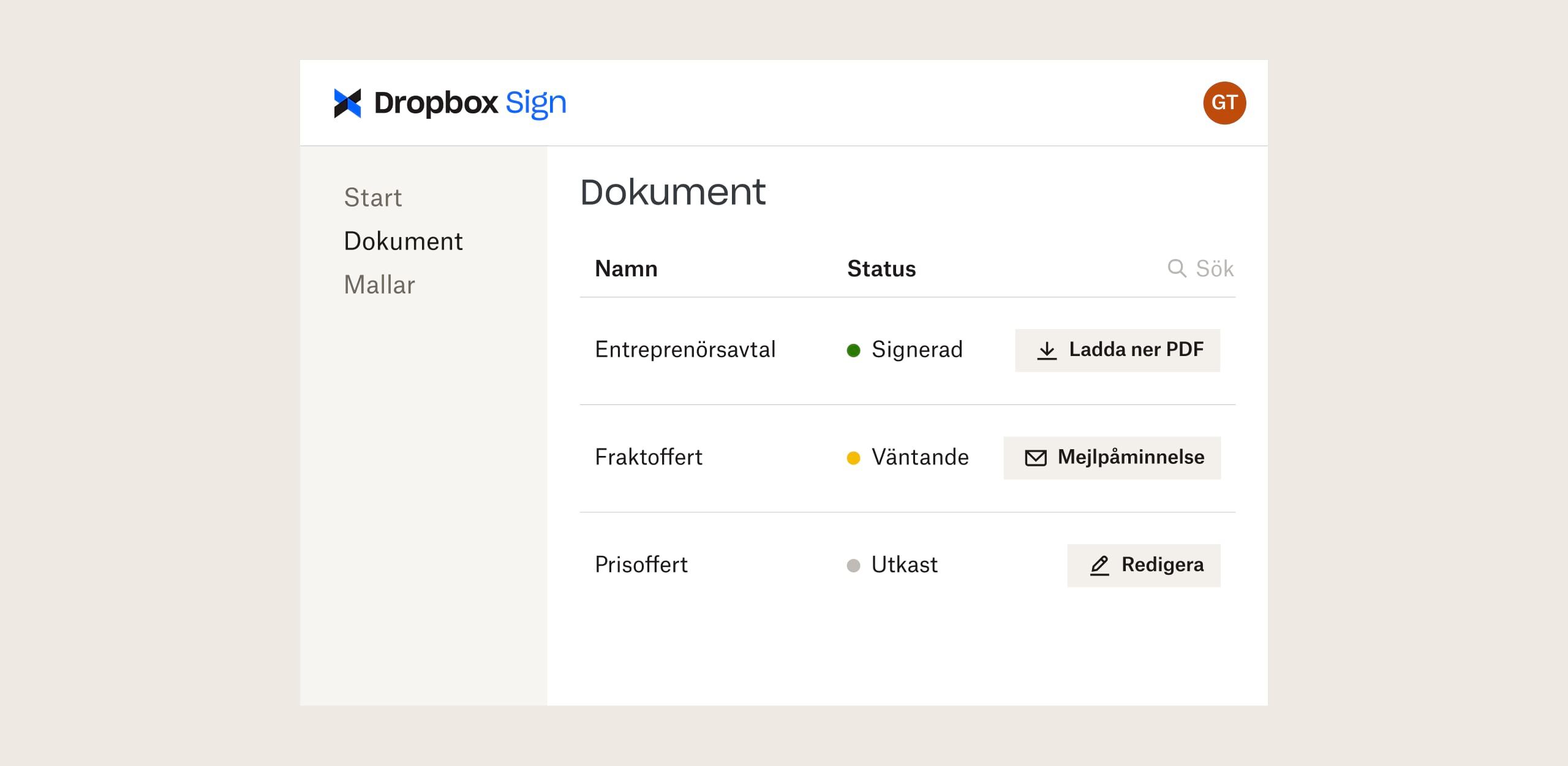Dropbox Sign-gränssnitt med alternativ för att ladda ner, mejla och redigera filer