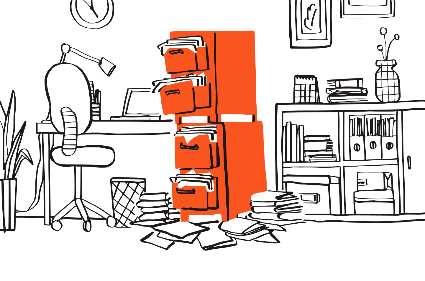 Illustration shows an overflowing filing cabinet in a home office