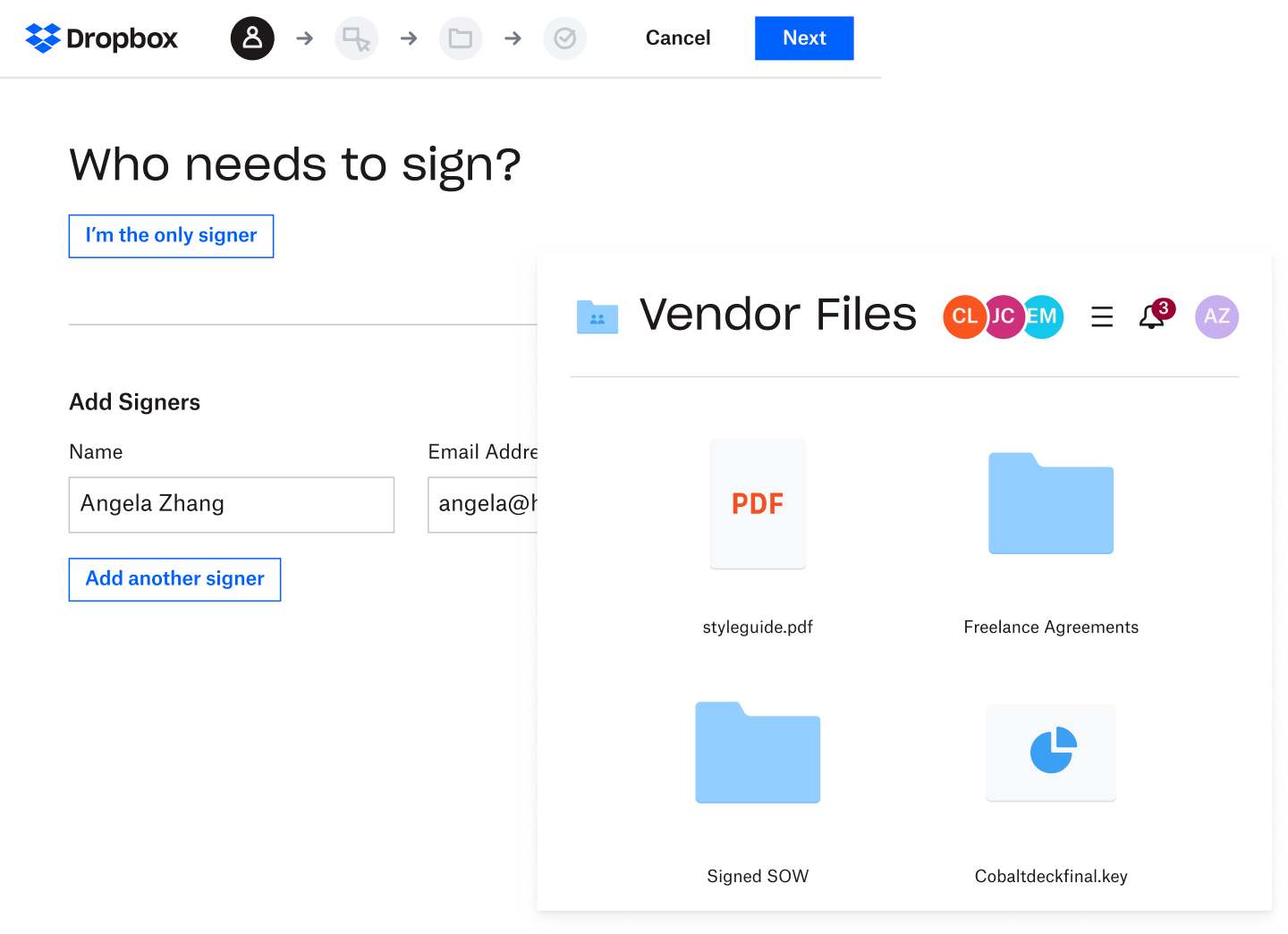 A folder labeled “Vendor Files” that contains several different blue file folder icons, a PDF doc, and a Keynote file
