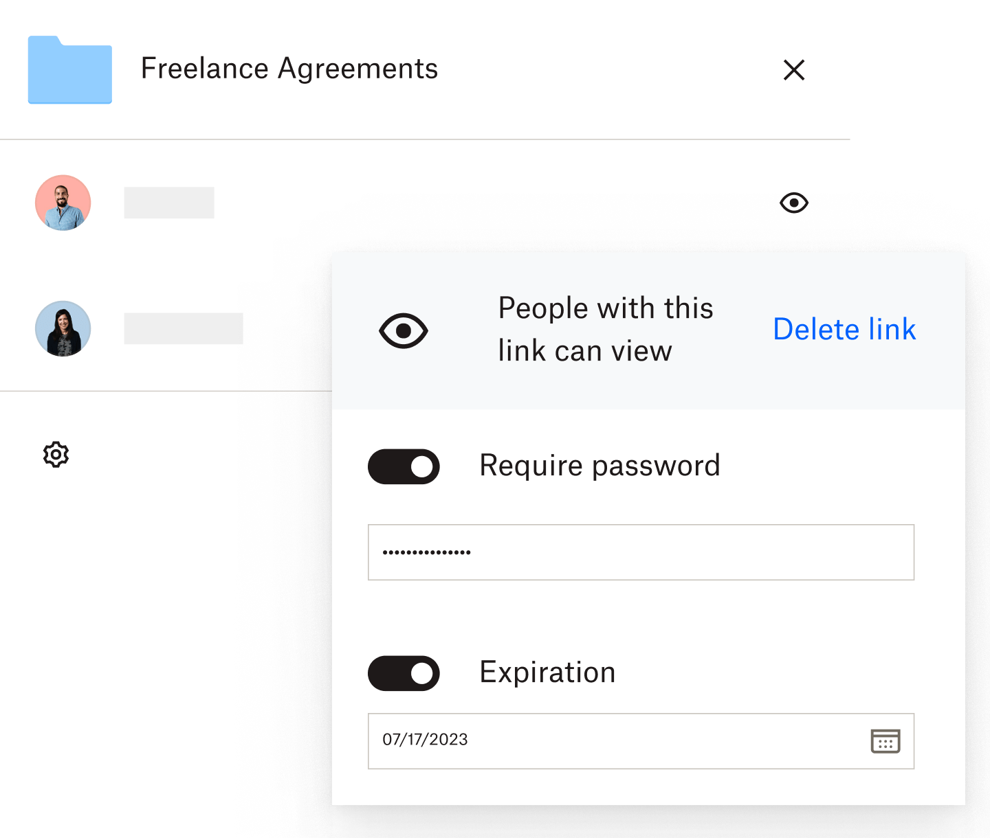A user setting the permissions level on a Freelance Agreements folder, which includes a requirement for a password and an expiration date on the link to the file