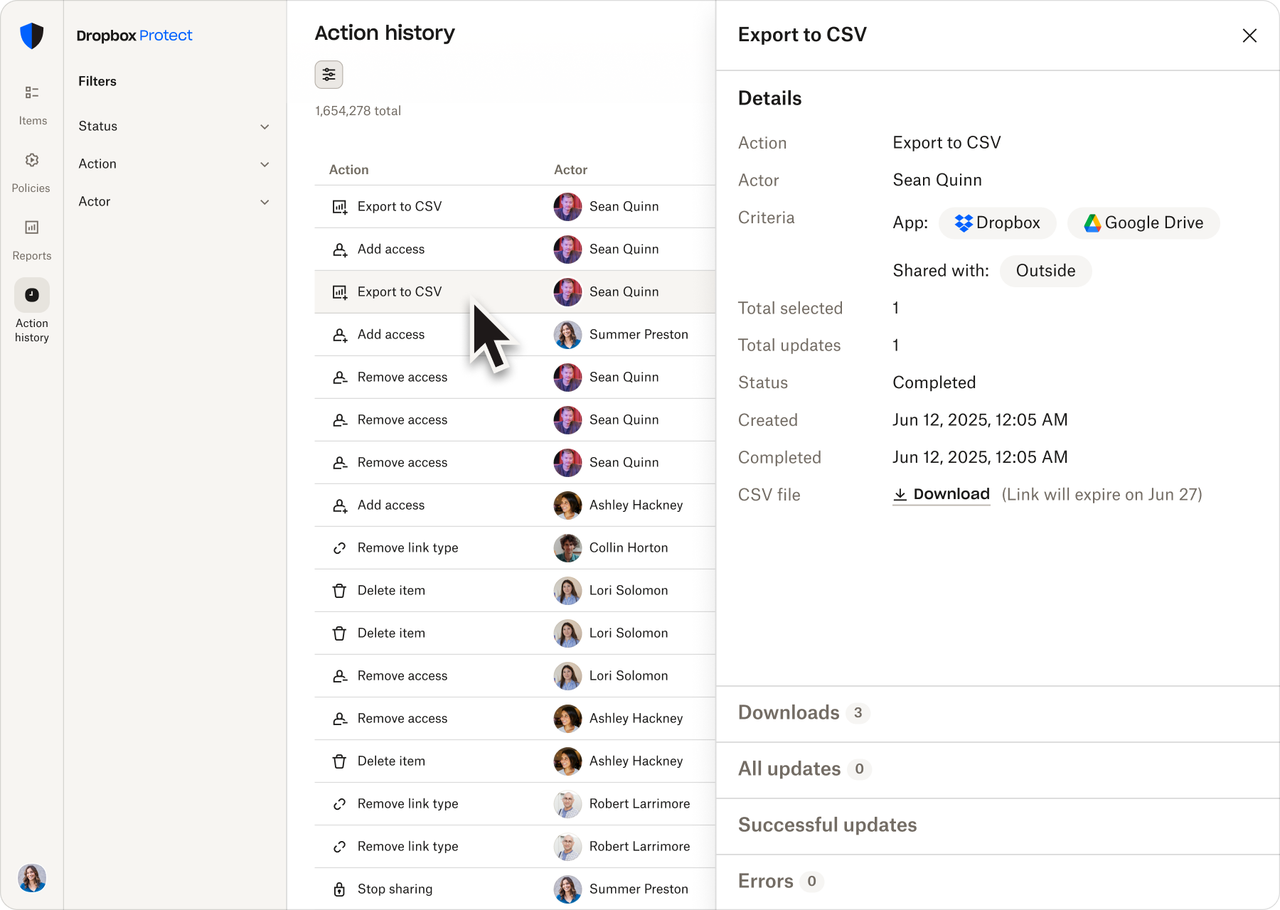 Action history dashboard showing CSV export details and completed admin actions