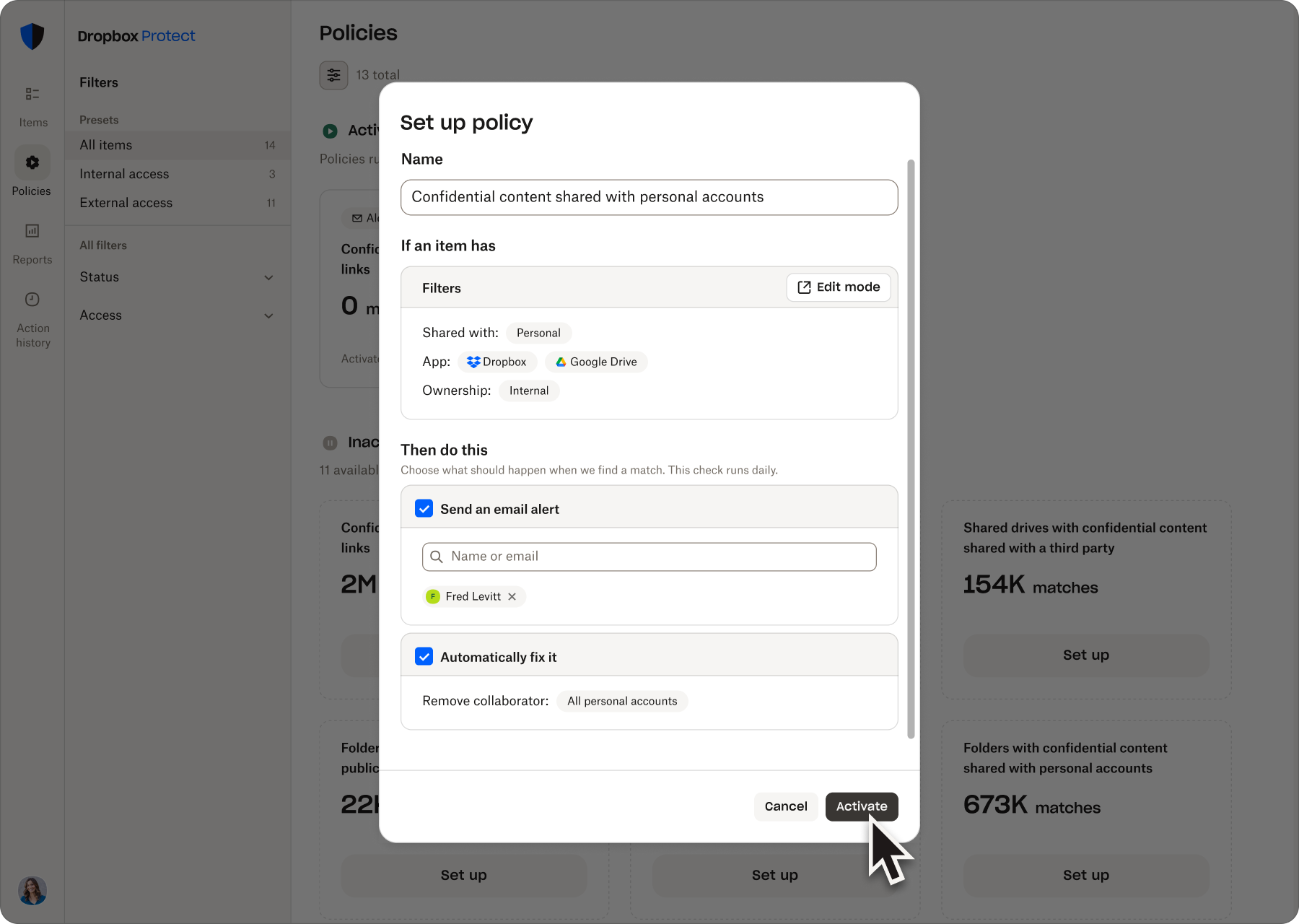 Policy setup dialog for confidential content shared with personal accounts
