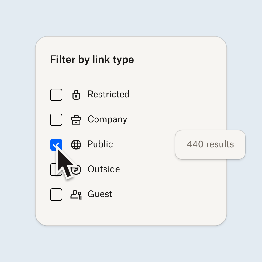 Filter menu showing public, company, guest, and restricted link types
