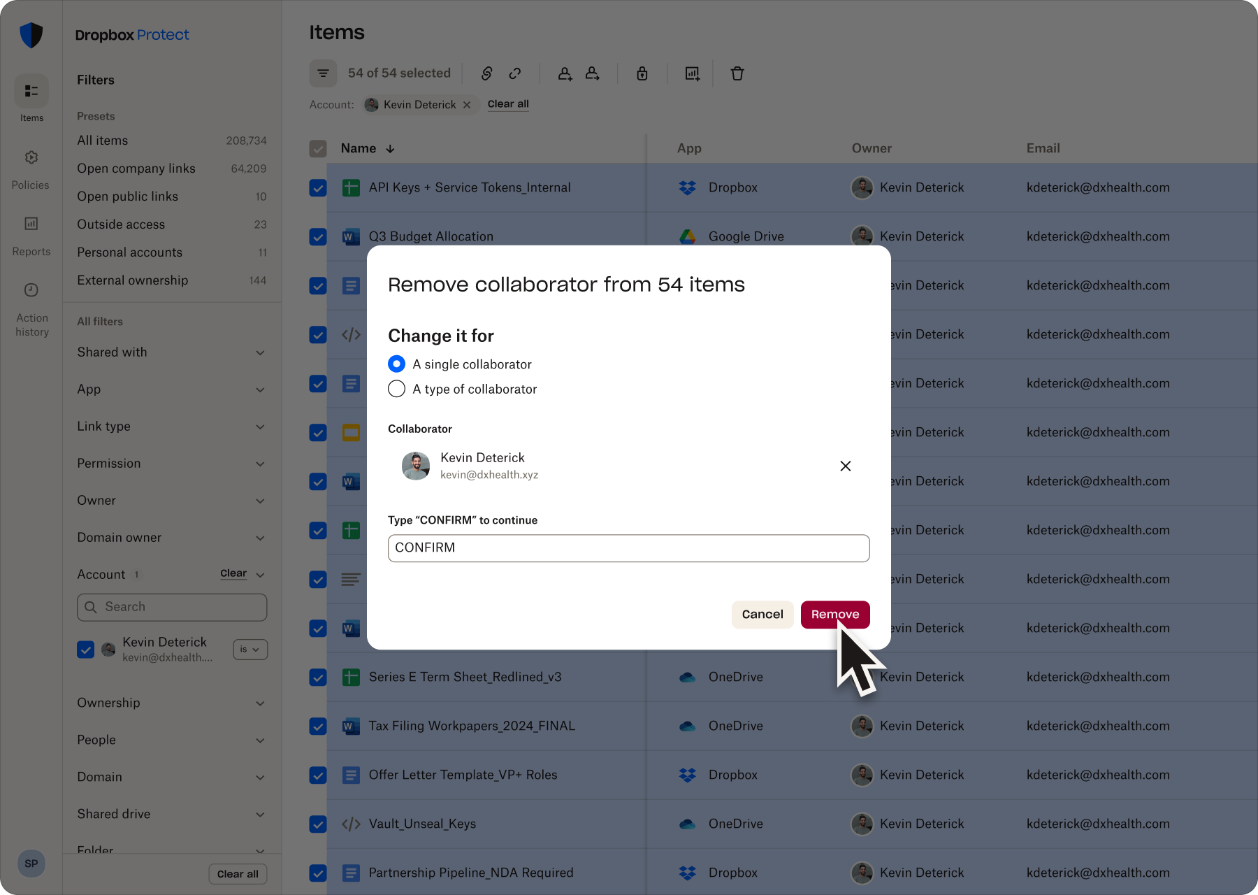 Dialog box for removing a collaborator from 54 shared items in an admin dashboard