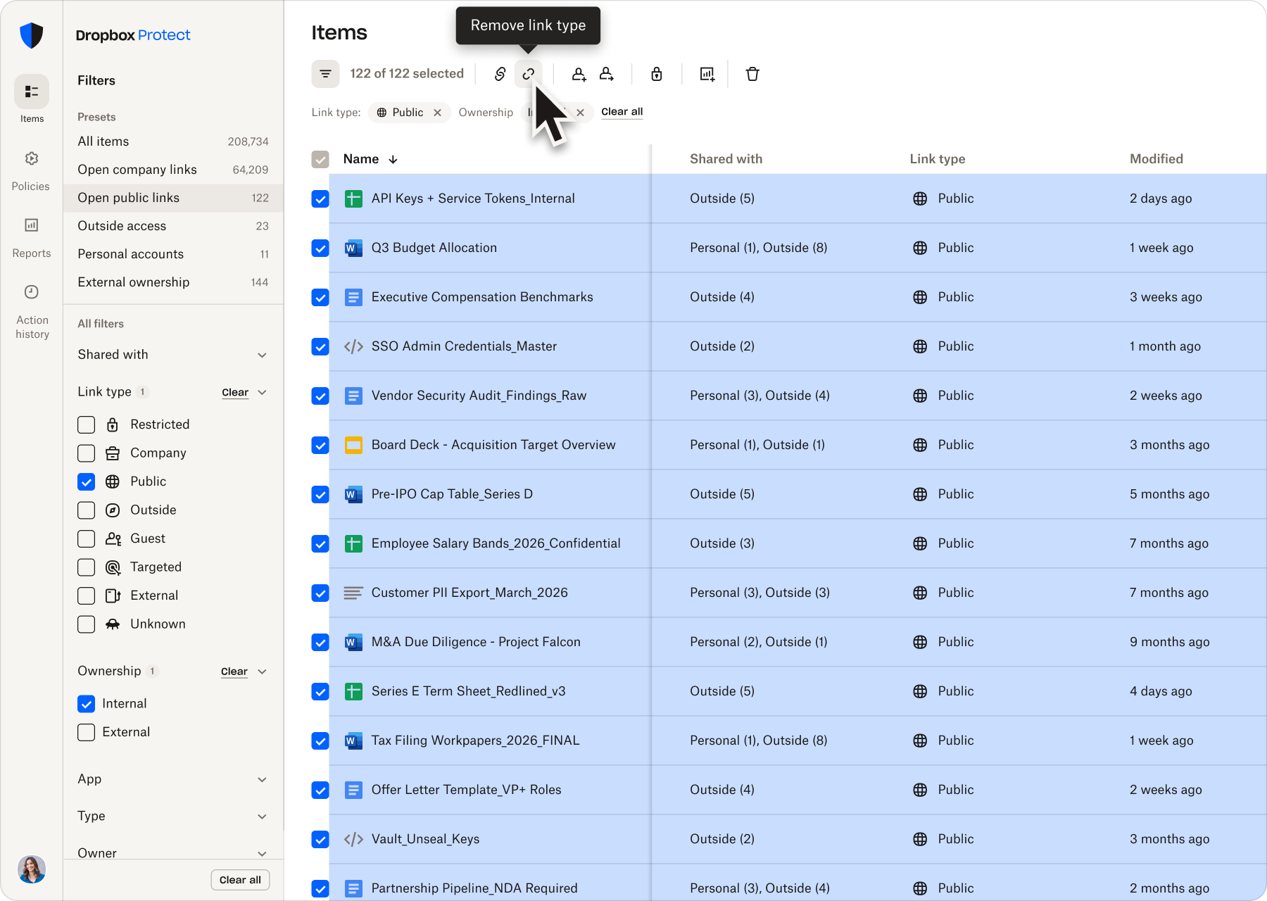 Admin dashboard showing selected public links and options to remove shared access