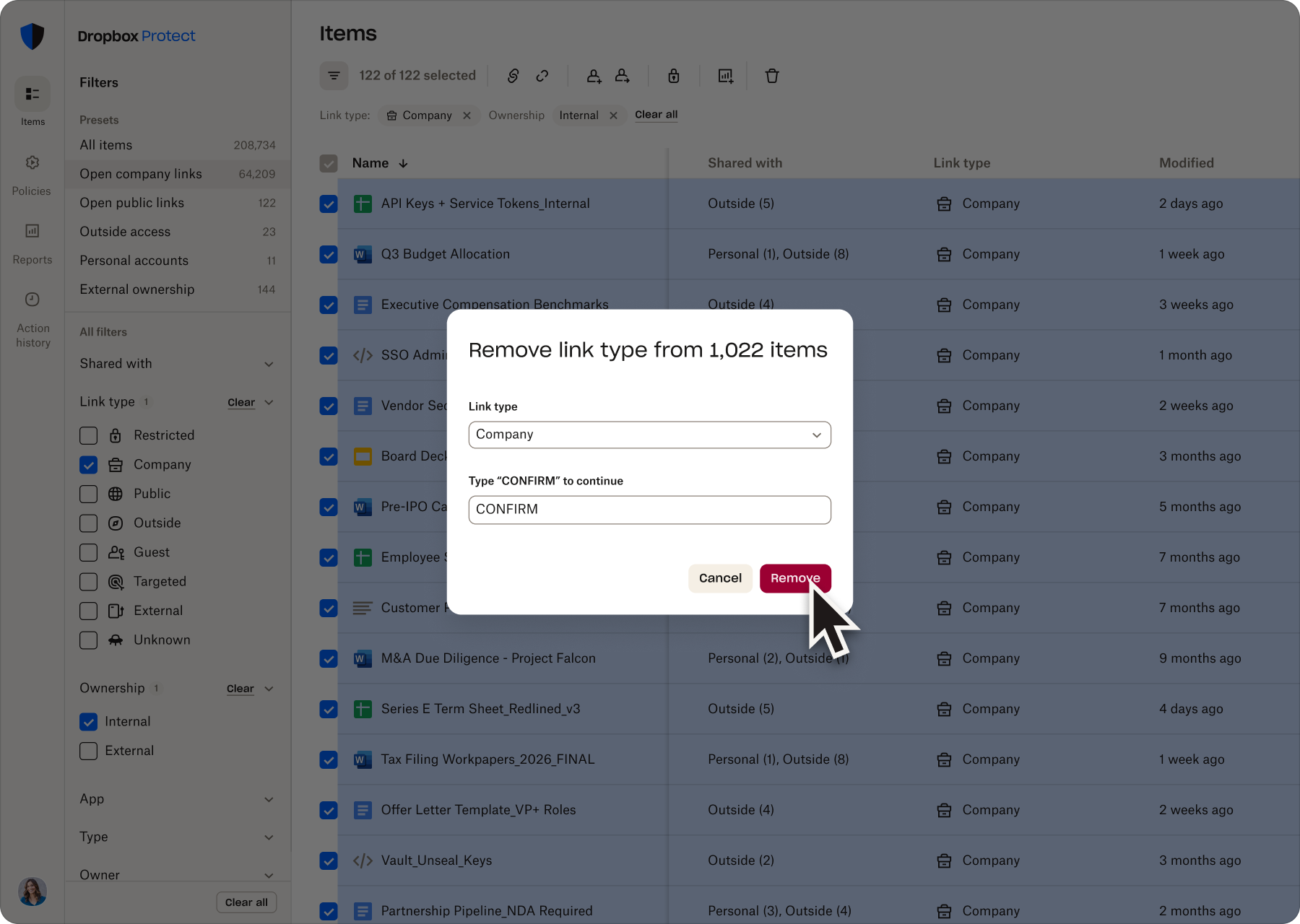 Dialog box for removing company link access from 1,022 shared items