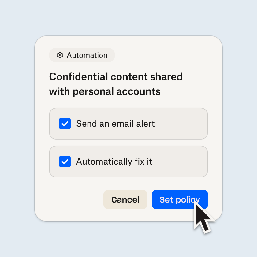 Policy settings dialog for confidential content shared with personal accounts