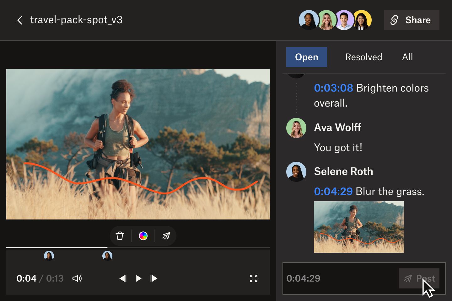 A user drawing on a frame of a video in the Replay interface