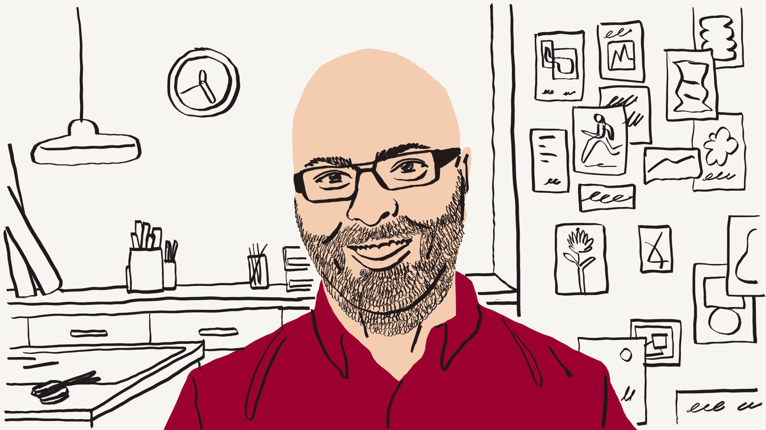 Illustration of a person with glasses wearing a red shirt in front of a desk