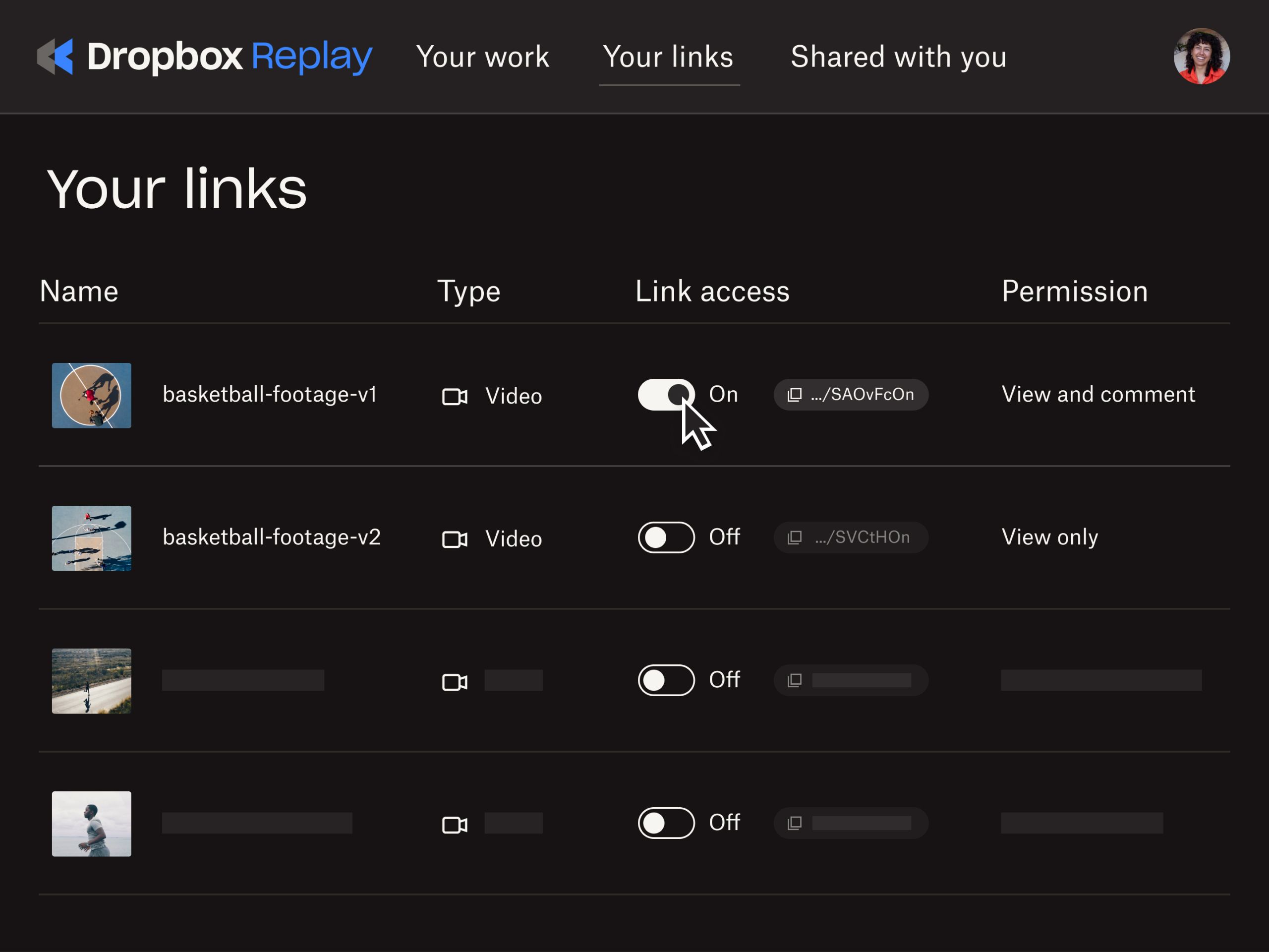 Product UI shows how to set up permissions and link access in Dropbox Replay