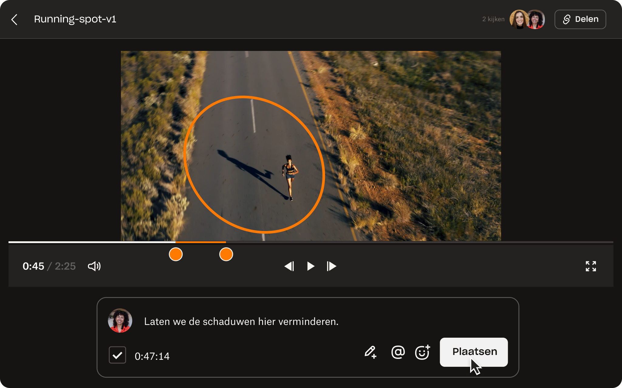 Een video van de gebruikersinterface van Dropbox Replay, waarin een gebruiker feedback en aantekeningen toevoegt aan een 'running-spot-v1'-video